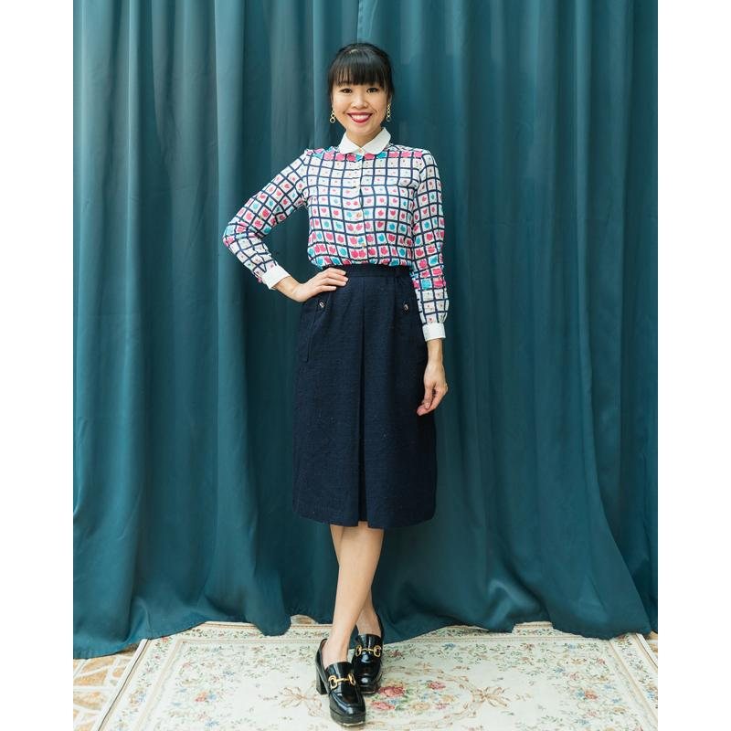 Vintage Japanese Femina Rosa Navy Blue Front Pleat A-Line Skirt - Waist 24"(MT1541-14)