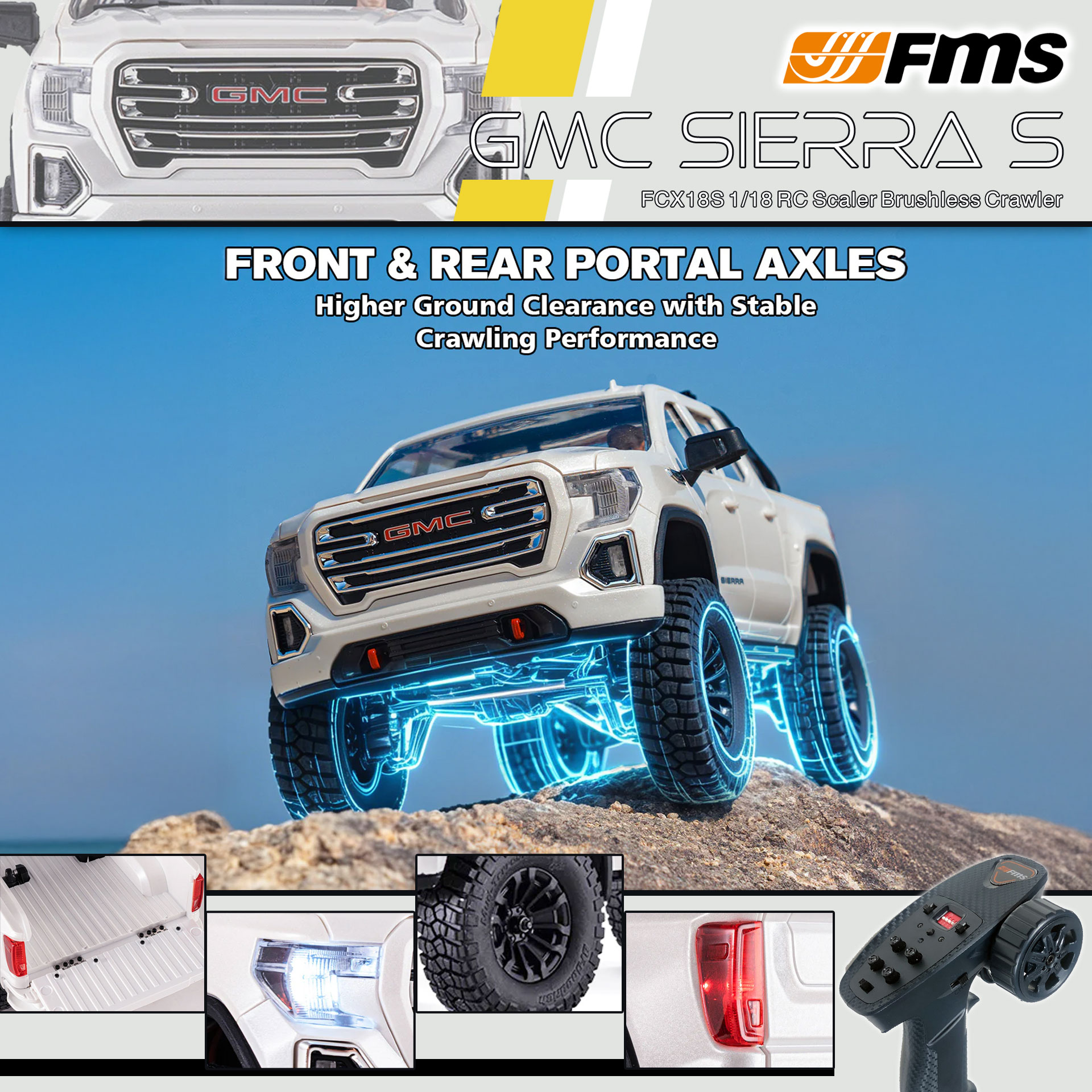 全新 FMS FCX18S 1:18 GMC Sierra S RTR Brushless | General Motors LLC授權 | 無刷版本 | 聯動指揮燈 | 2段機械變速 | 迷你慢爬車 | 遙控車 | 像真迷你遙控車