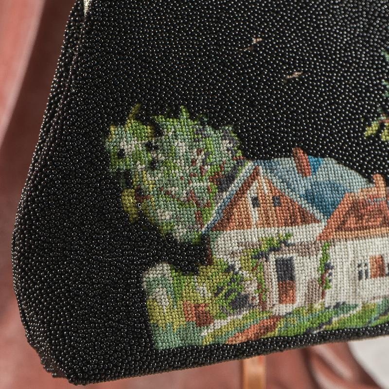 Vintage 1980-90s Beaded Storybook Cottage Handbag - New Old Stock (NA0782)
