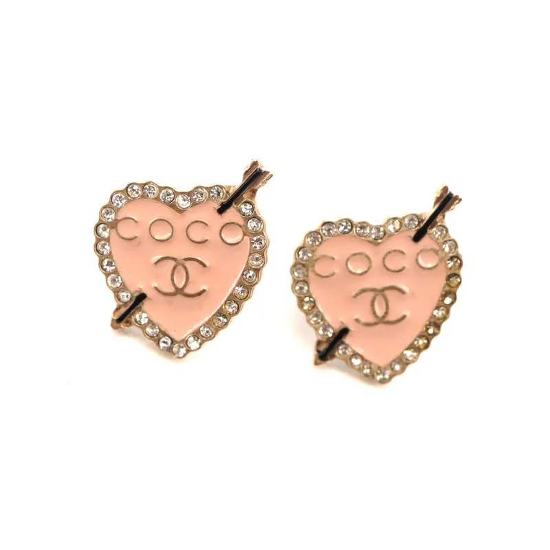 Chanel Coco Mark Enamel Rhinestone Heart Piercing Earrings