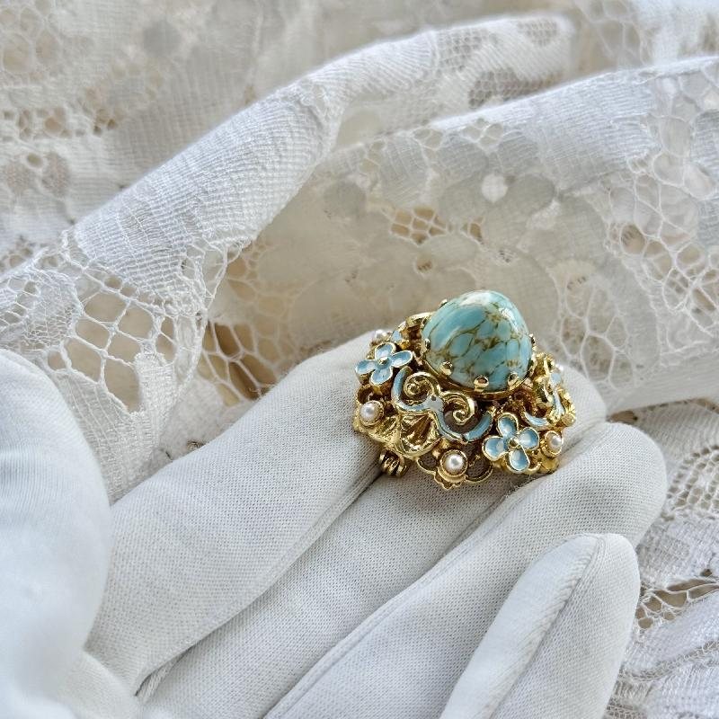 Vintage Mid-Century European Faux Turquoise Mountain Shape 3D Domed Brooch(MW242)