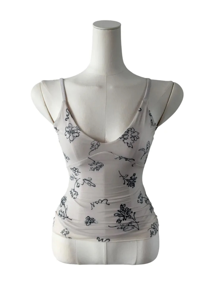 Abstract Floral Print Mesh Cami Top