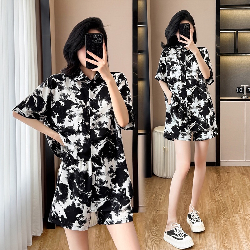 B218(6071) 新中式水墨画休闲风短袖燕尾上衣与短裤黑套装