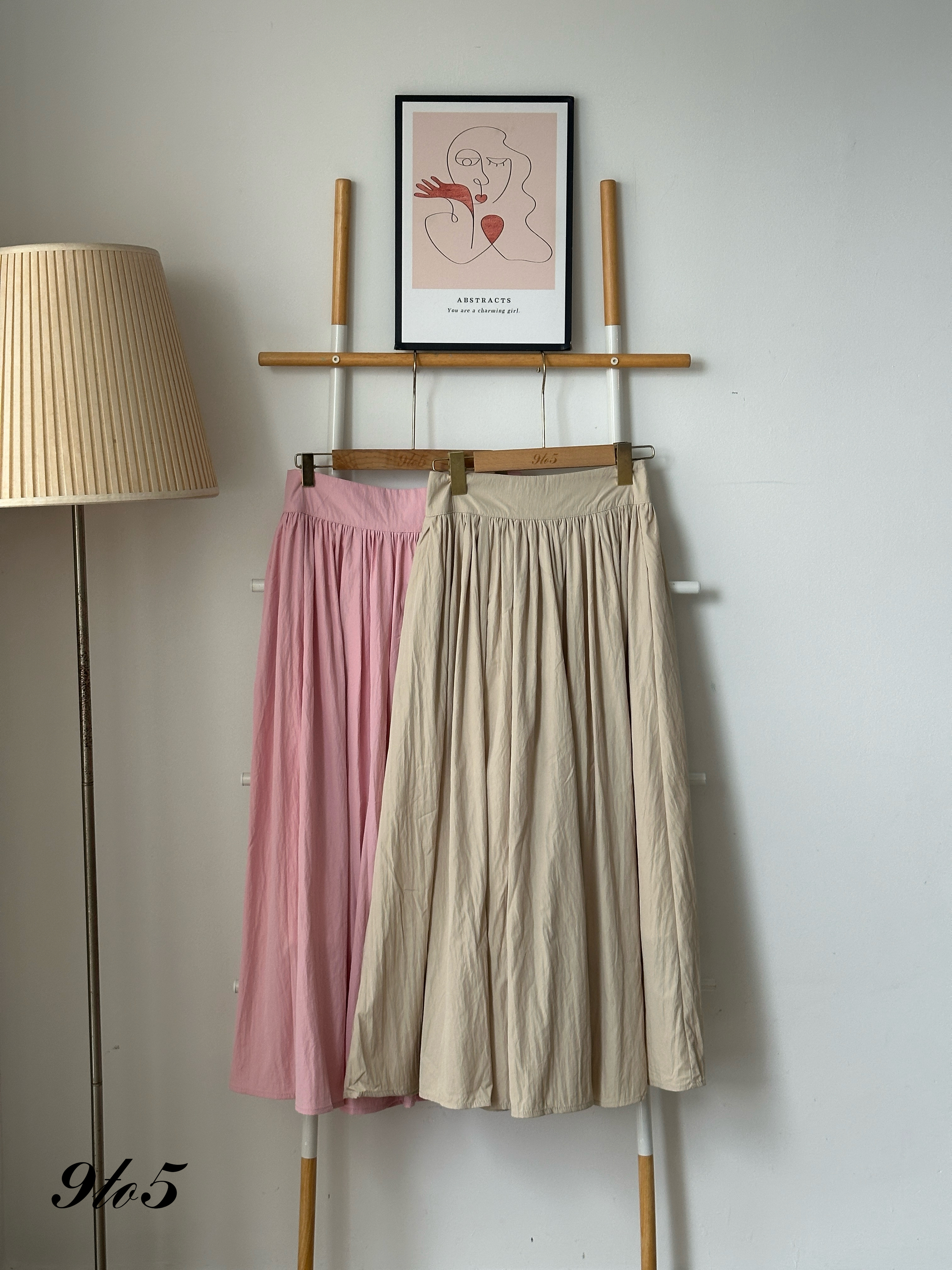 S1813 A Line Pleated Skirt - Cream & Pink 
