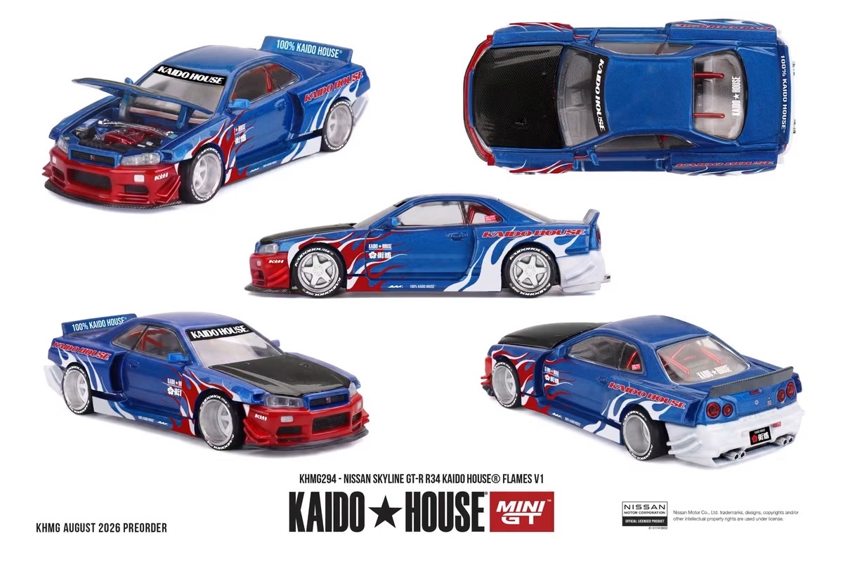 （預訂 Pre Order) KAIDO HOUSE x MINI GT ( KHMG294 ) Nissan Skyline GT-R R34 Kaido House Flames V1