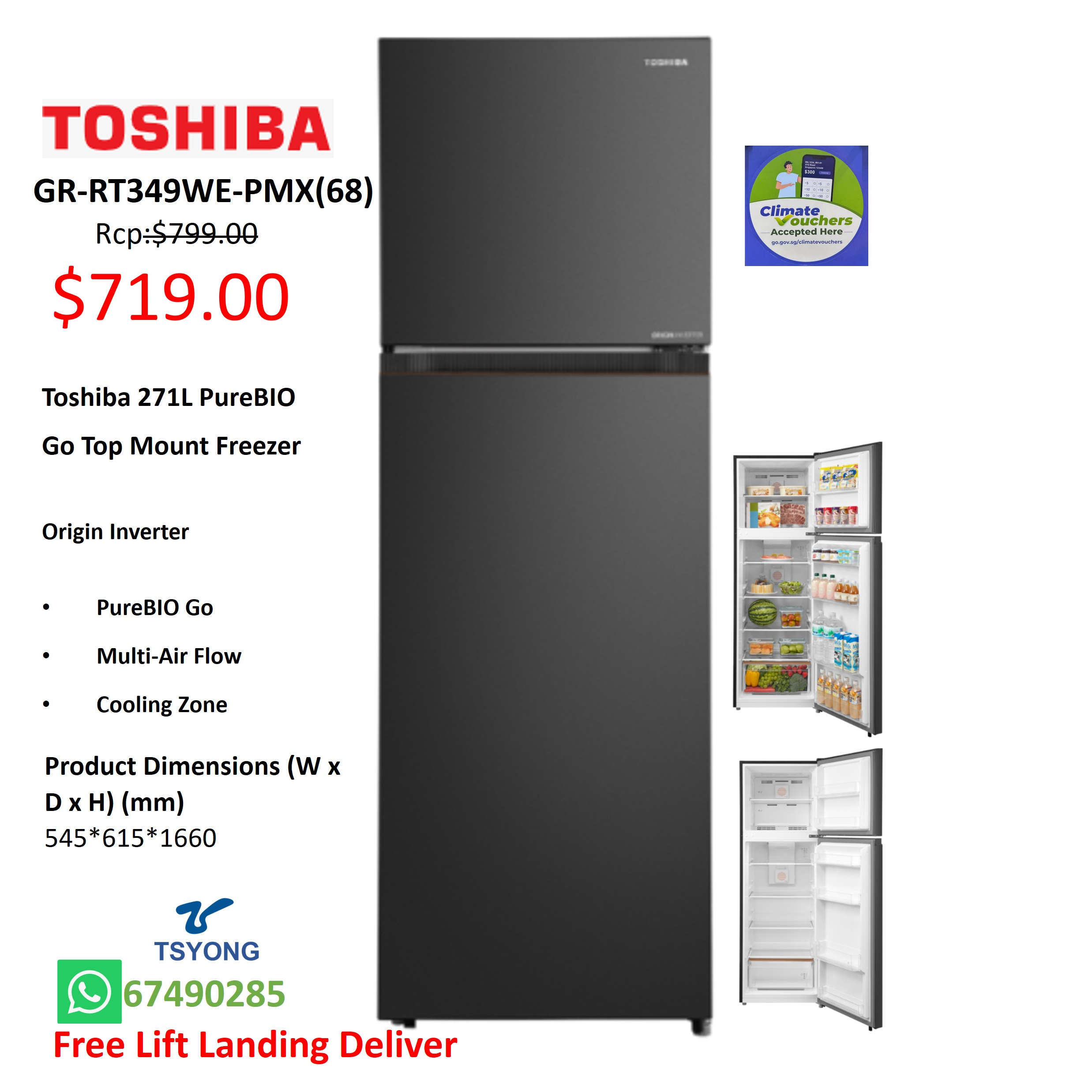 Toshiba 271L PureBIO Go Top Mount Freezer GR-RT349WE-PMX(68)