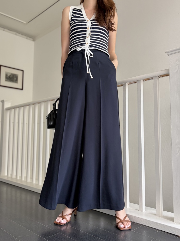 [超涼!!] Contrast Belt Wide Leg Slacks (Navy)