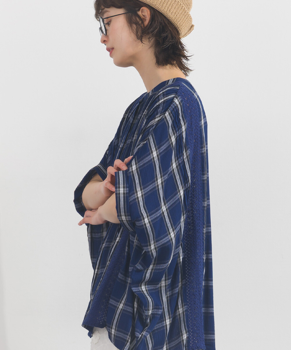 LP - 人造絲縐紗襯衫 (藍色格紋)