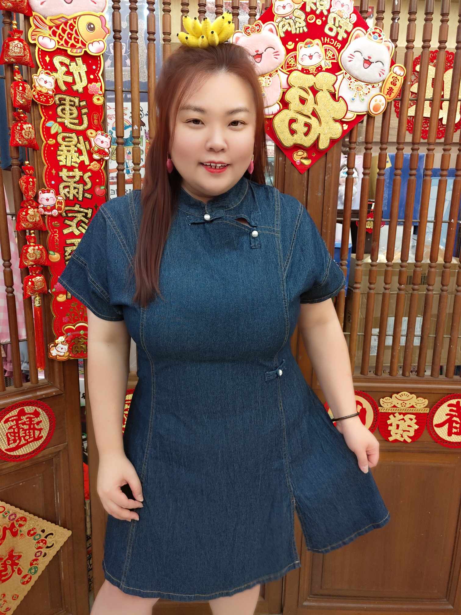 OTE01 TW#6069 新版珍珠盘扣旗袍款牛仔连衣裙