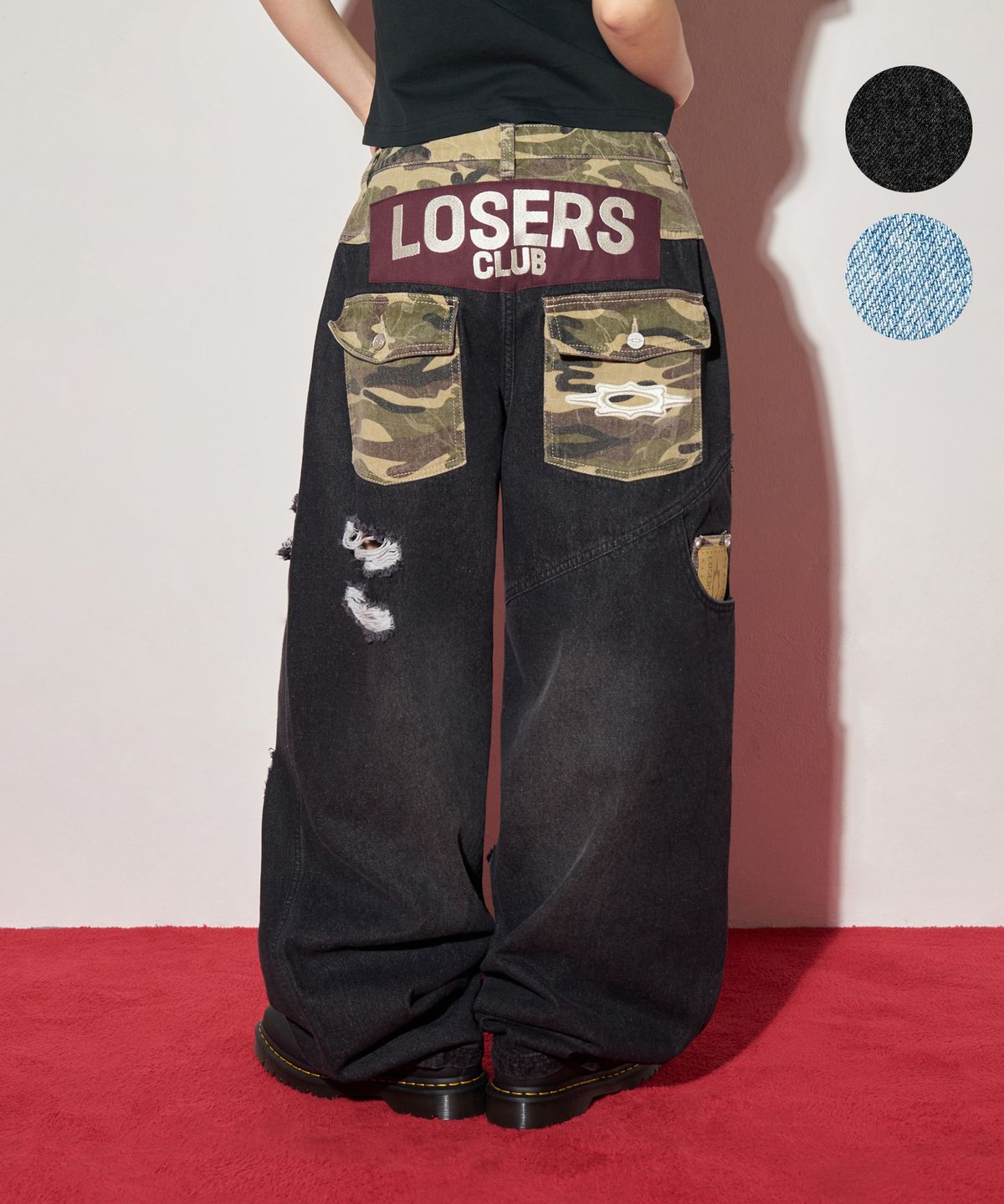 🇰🇷訂購｜LOSER CLUB｜Camo Mix Damage Wide Denim Pants 2色