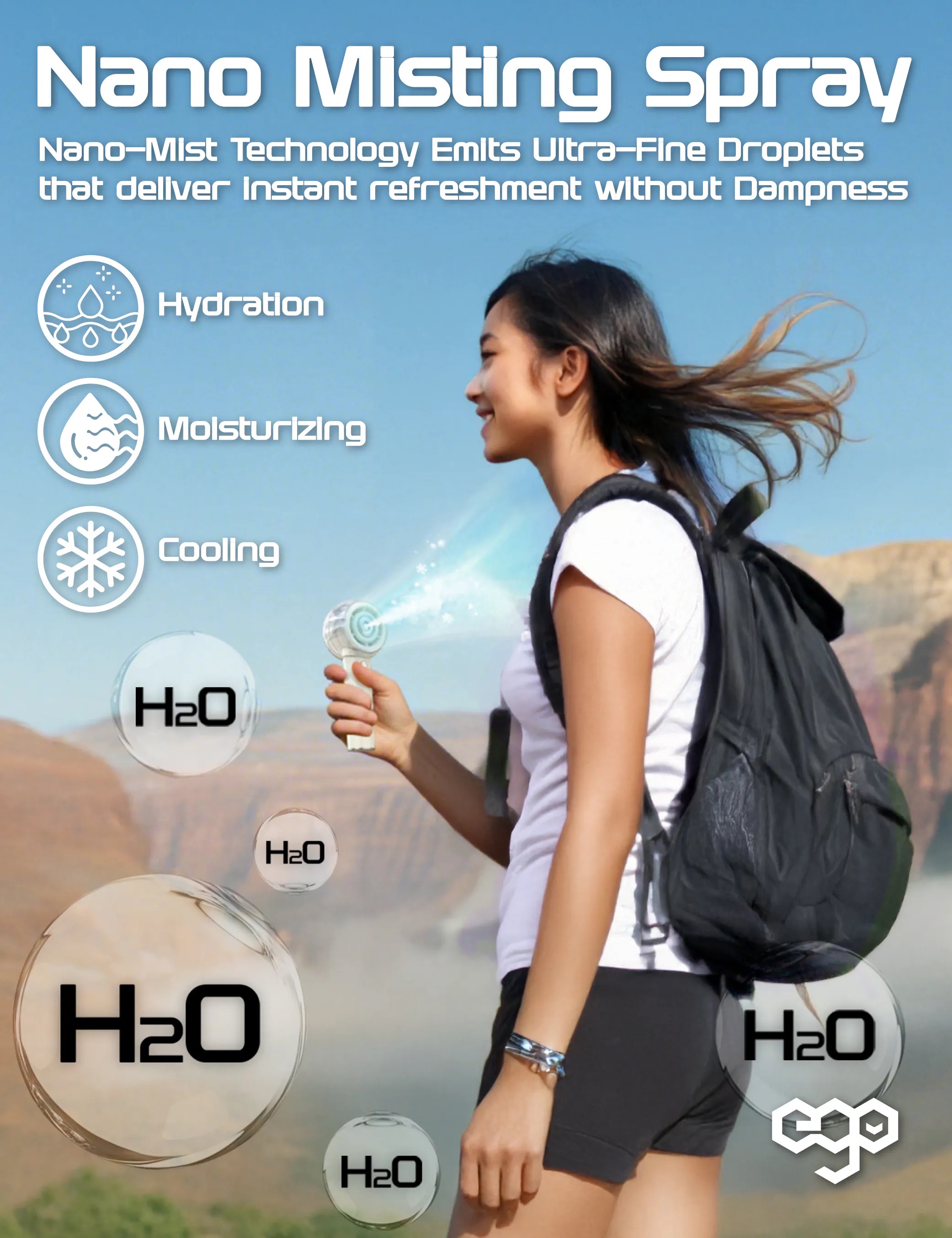 ego - HyH2O 噴霧水冷風扇 手提風扇 噴霧水冷 | 補濕美容 | 強勁風速 | 18小時長氣