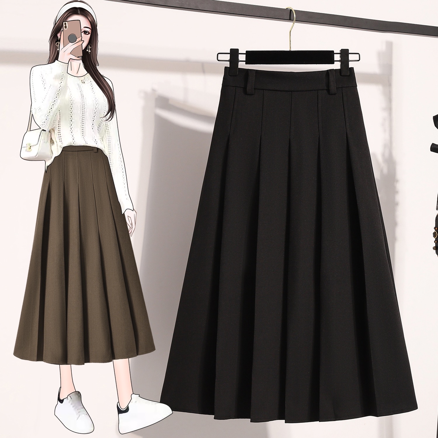 B151(7369) 韩版气质高腰显瘦下摆百褶西装A字3色长裙