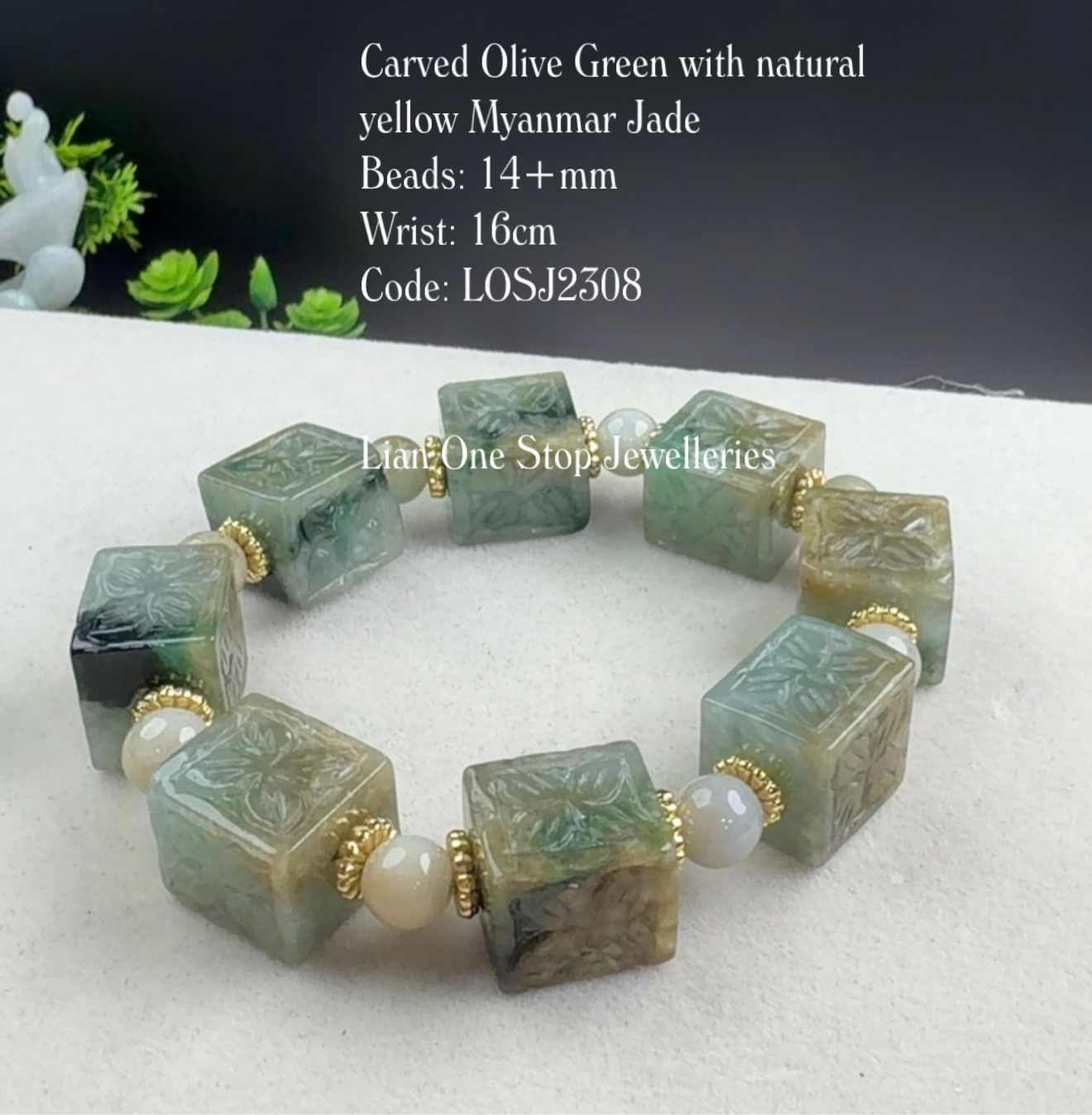 Code: LOSJ2308 Carved Olive Green with natural yellow Myanmar Jade 