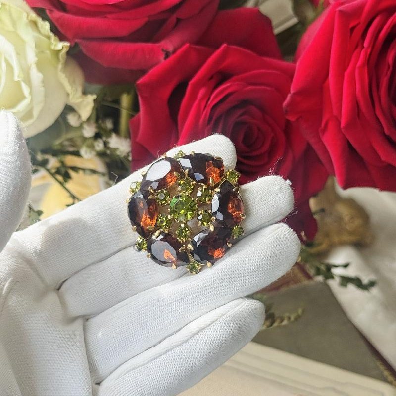 Vintage Mid-Century Czechoslovakian Glass Rhinestone Flower Motif Brooch(NZ092)
