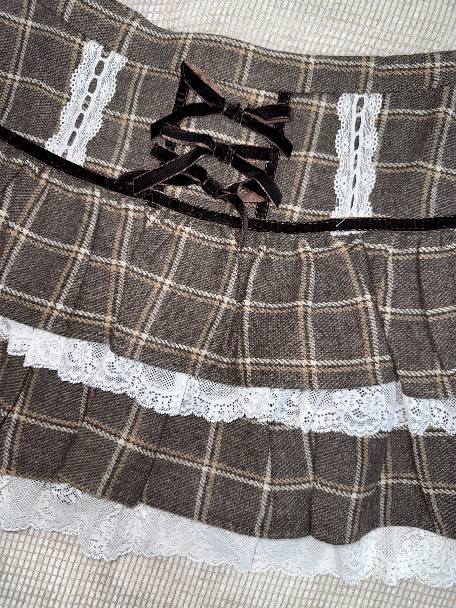 Brown Plaid Lace Layered Mini Skirt