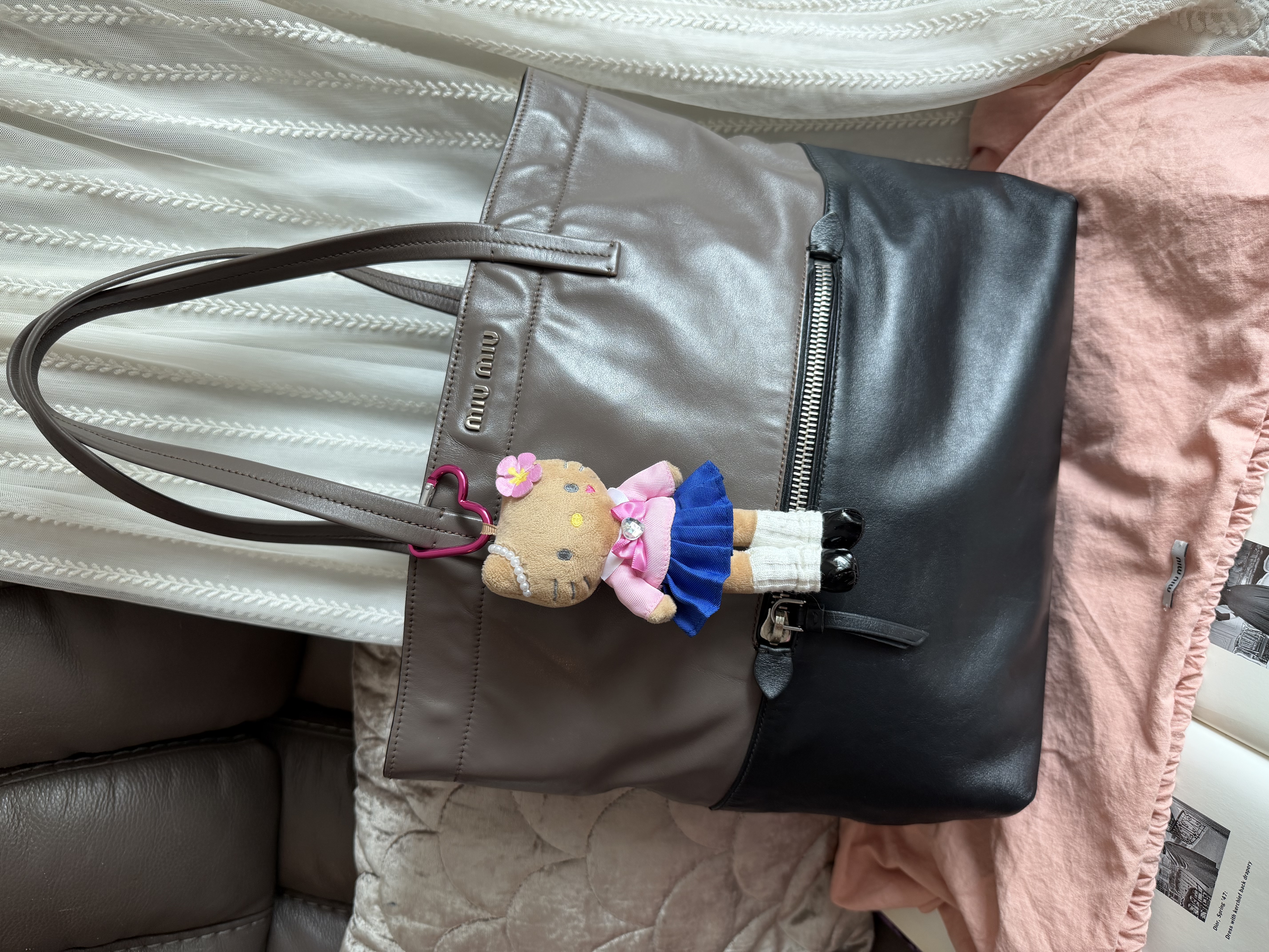 Miu miu ivy black grey leather tote bag