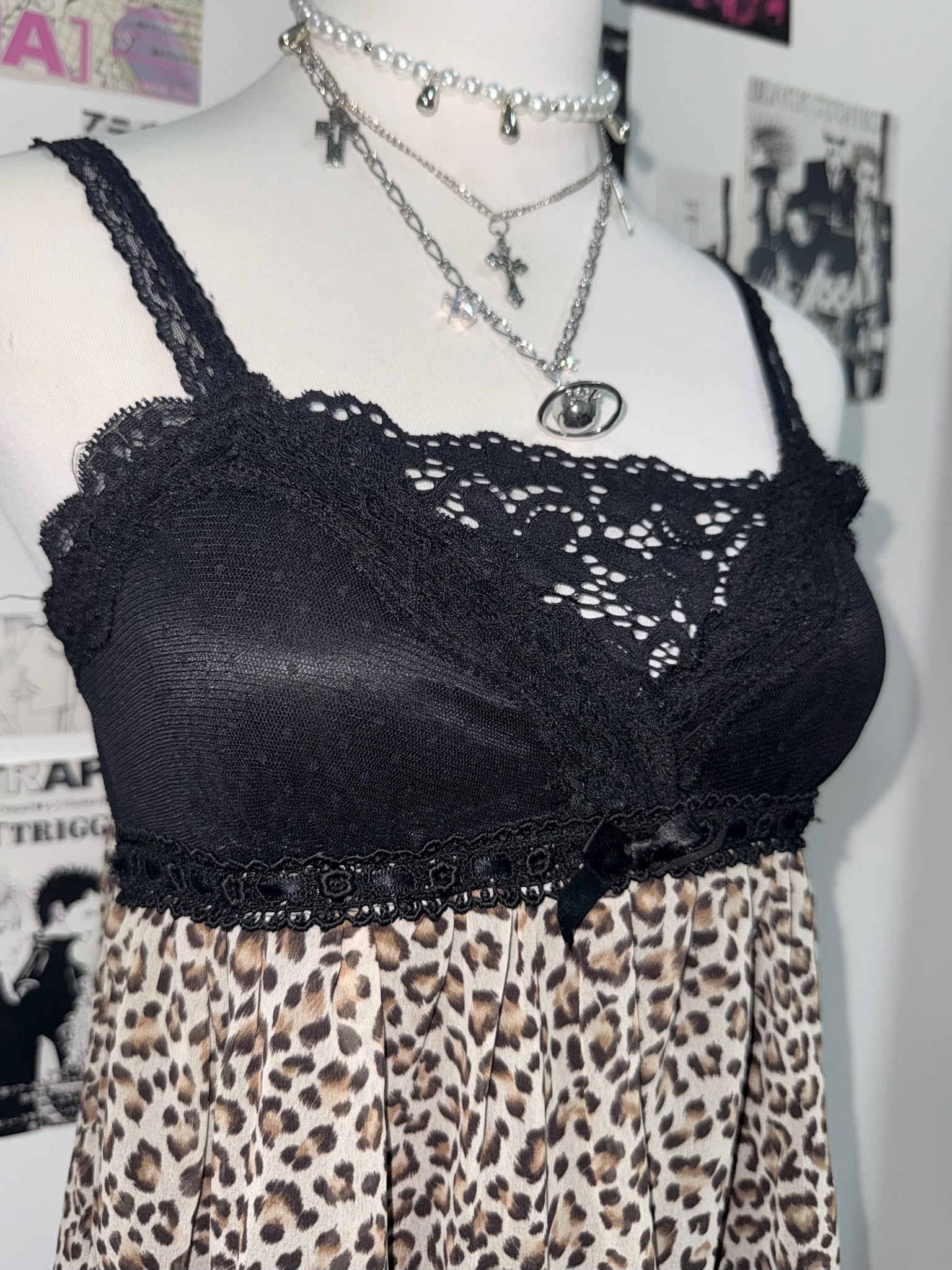 Leopard Print Mesh Slip Dress with Lace Trim