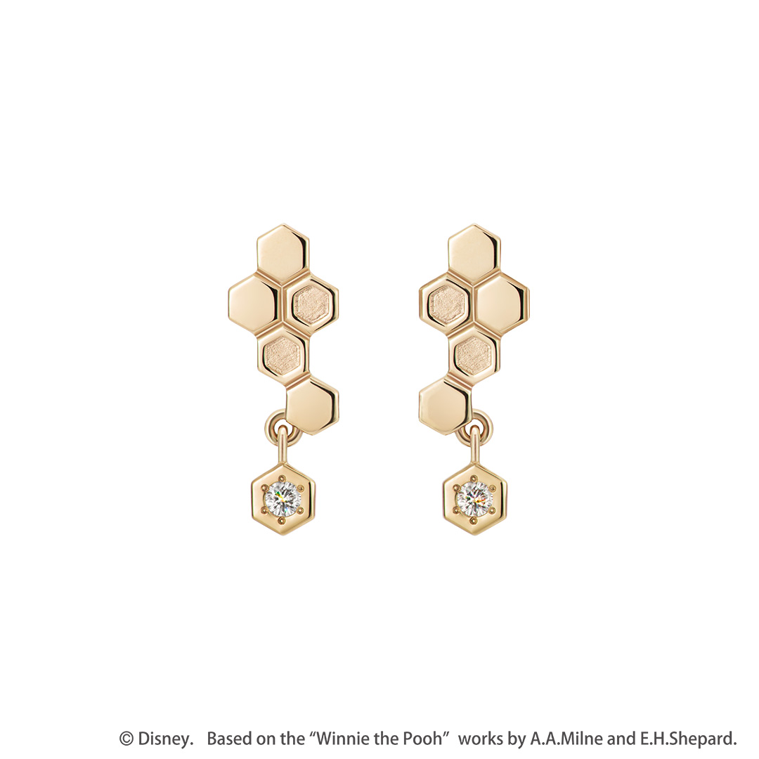 📦預購 日本限定 Disney × K.UNO 迪士尼 Happy honeycomb Winnie the Pooh 小熊維尼 K10金鑽石耳環