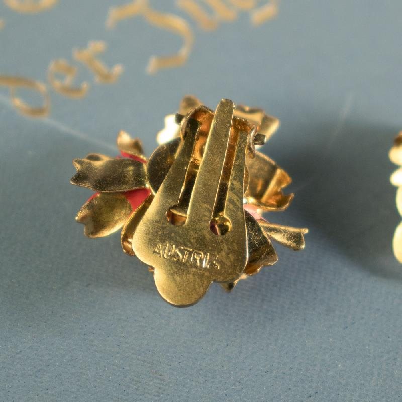 C.a. 1950-60s Handpainted Austrian Floral Clip Earrings (AC086)