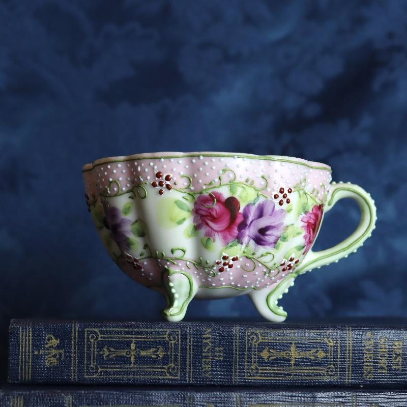RARE! Antique Pre-Nippon Era Hand-painted floral &Relief Dot Pattern Three-legged Tea Set Duo - Eggshell porcelain(MT1569)