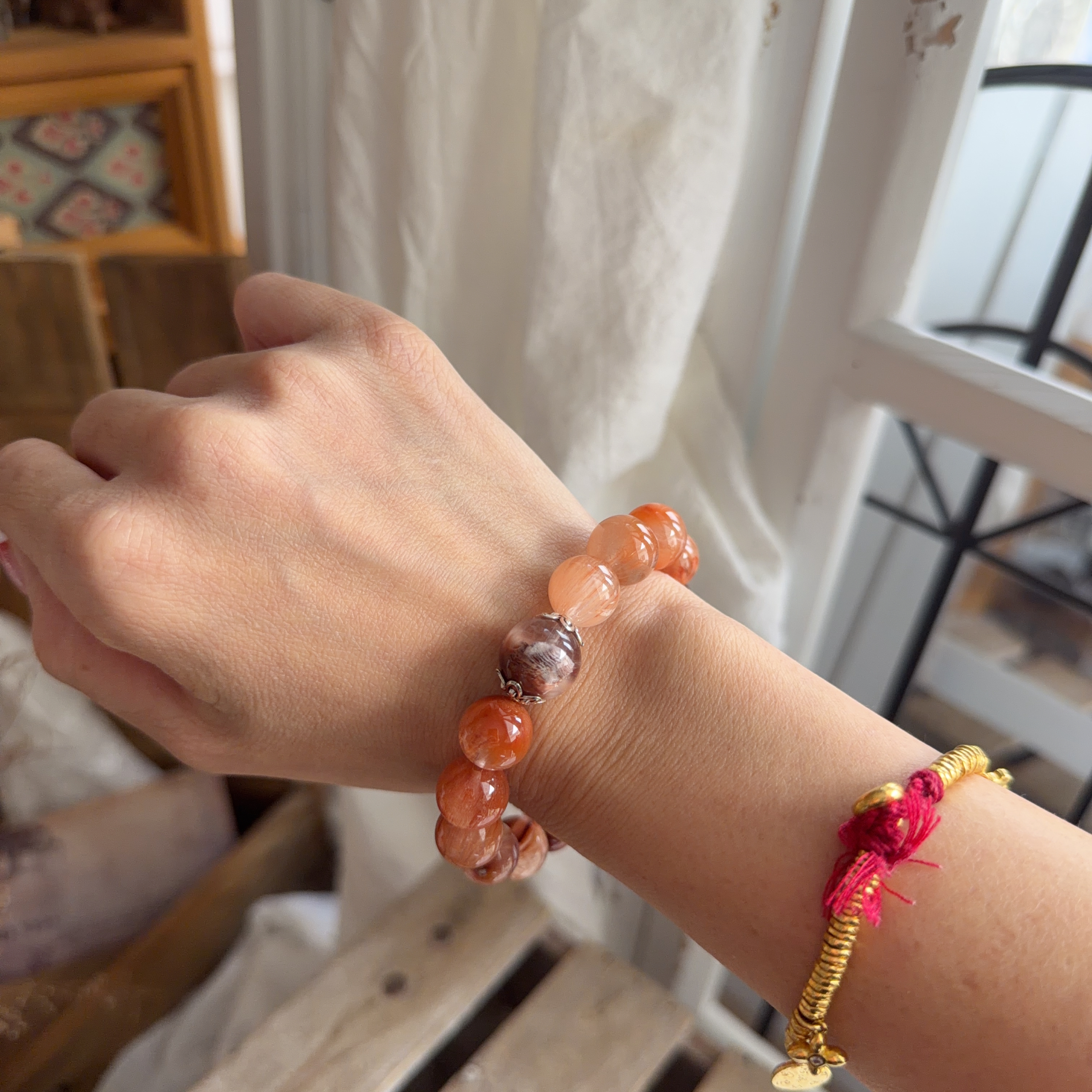 粉橙兔毛&千層幽靈手串