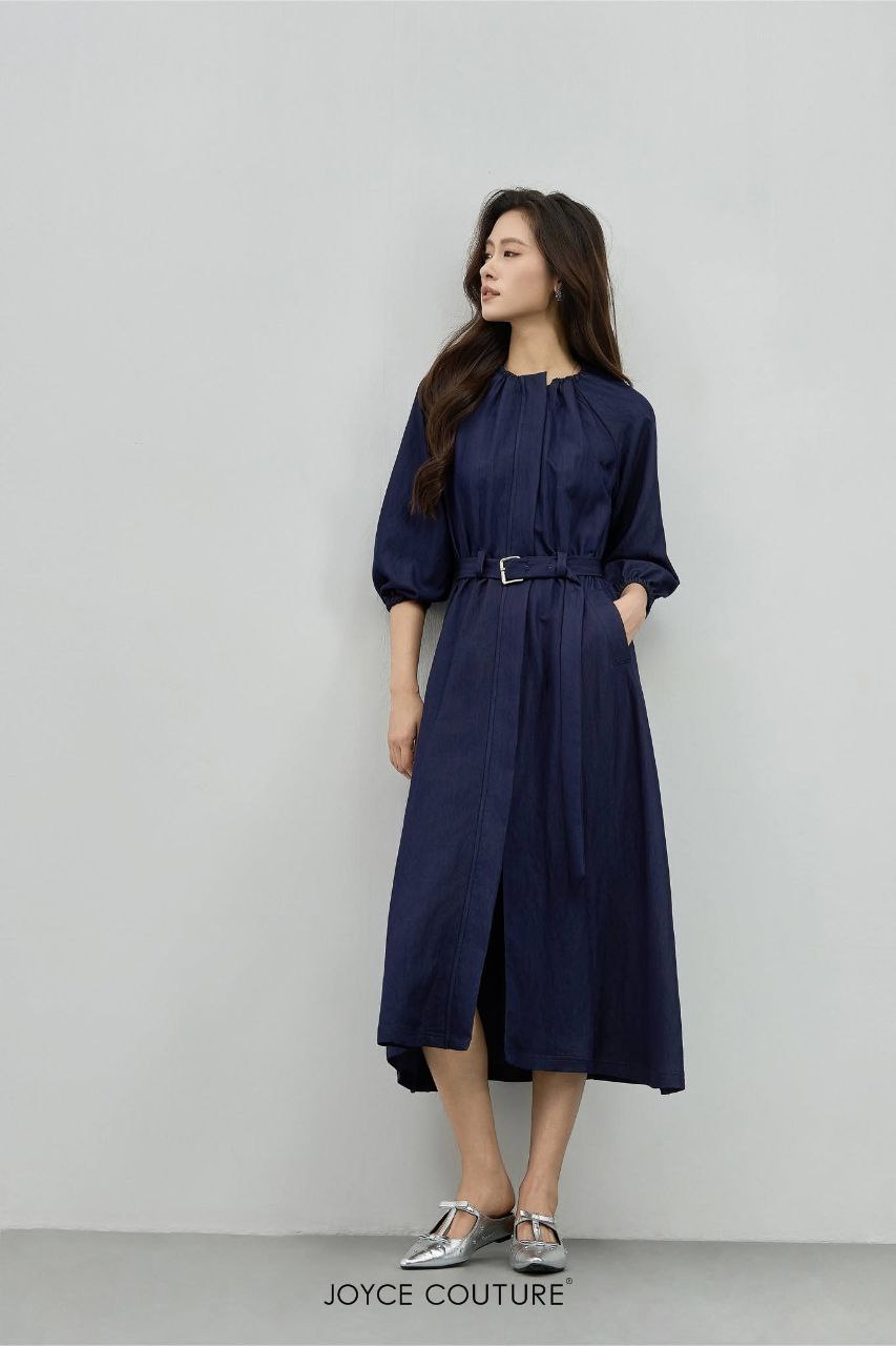 松紧褶领口中长连身裙 D0335