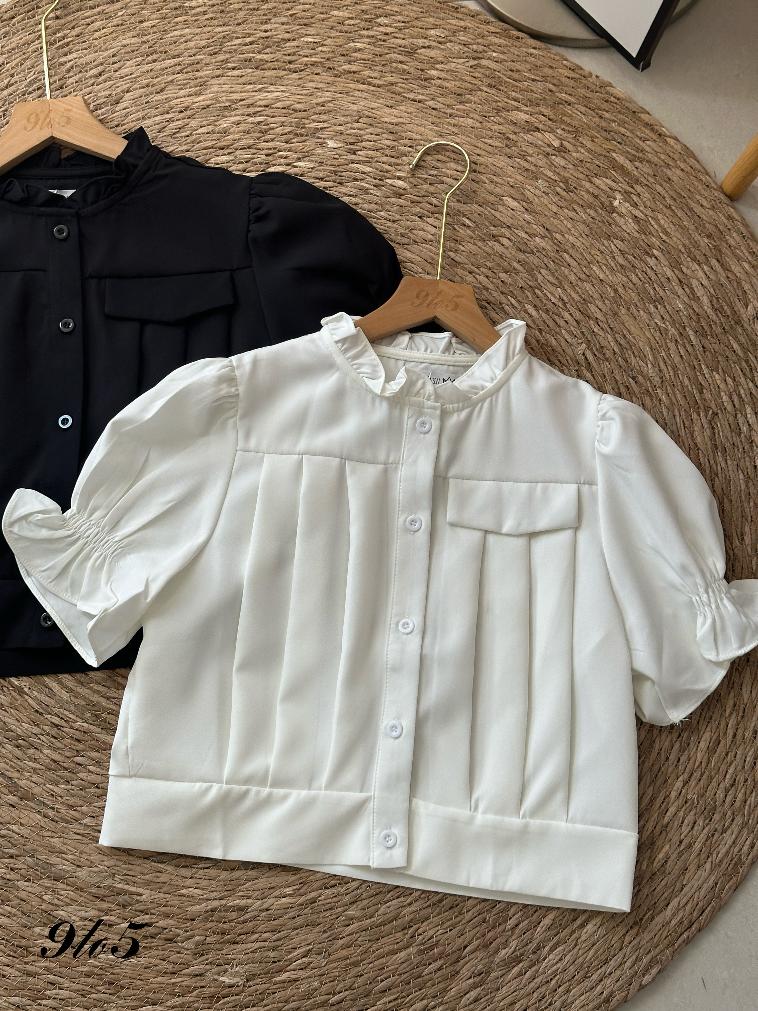 T3986 Puff Sleeve Ruffle Collar Top - 3 Colors 