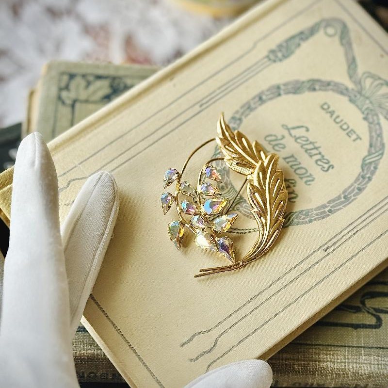 Vintage C.a. 1950-60s Aurora Borealis Elegant Foliage Statement Brooch(NZ064)