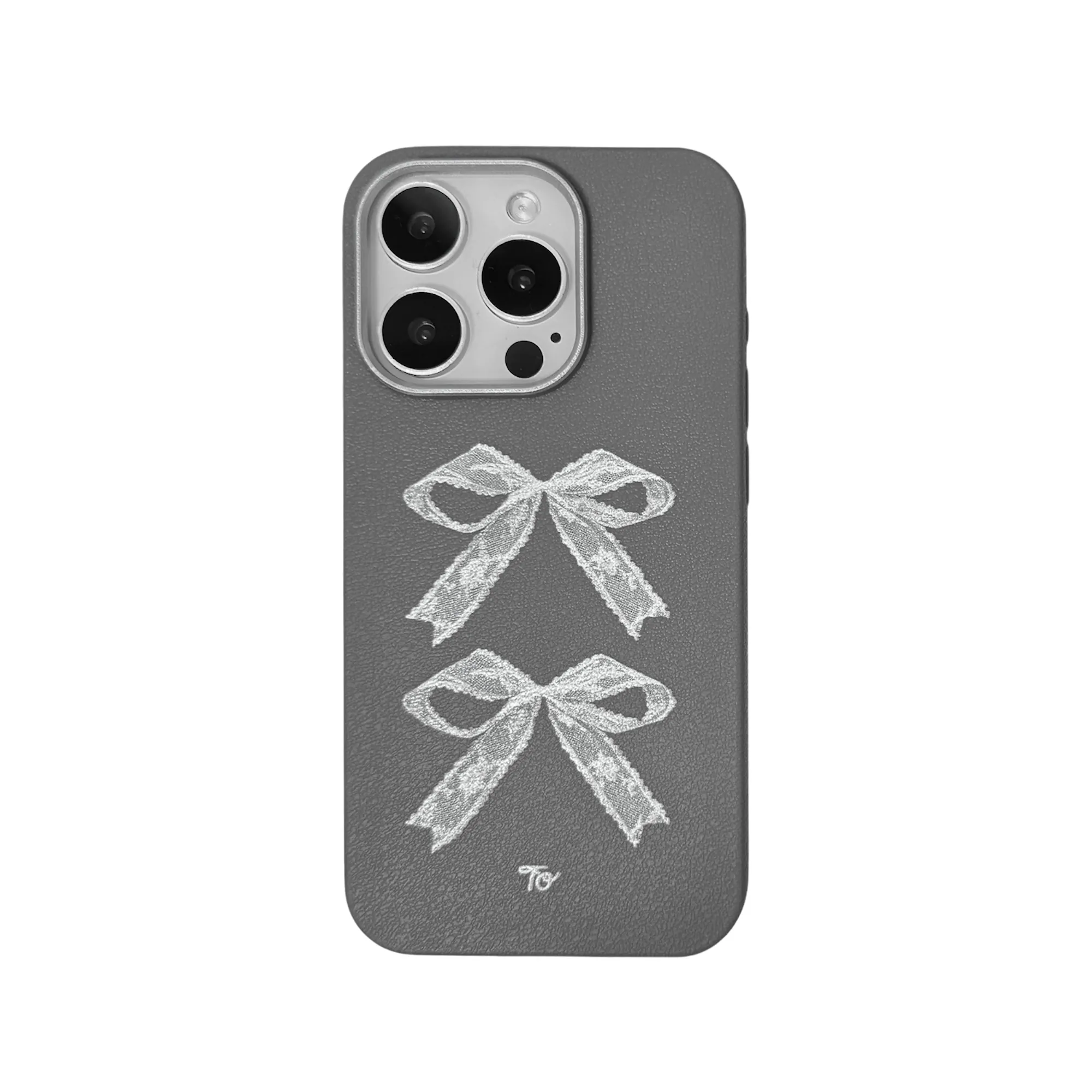 【雙白蕾絲蝴蝶結XPU皮革*灰*】iPhone Case
