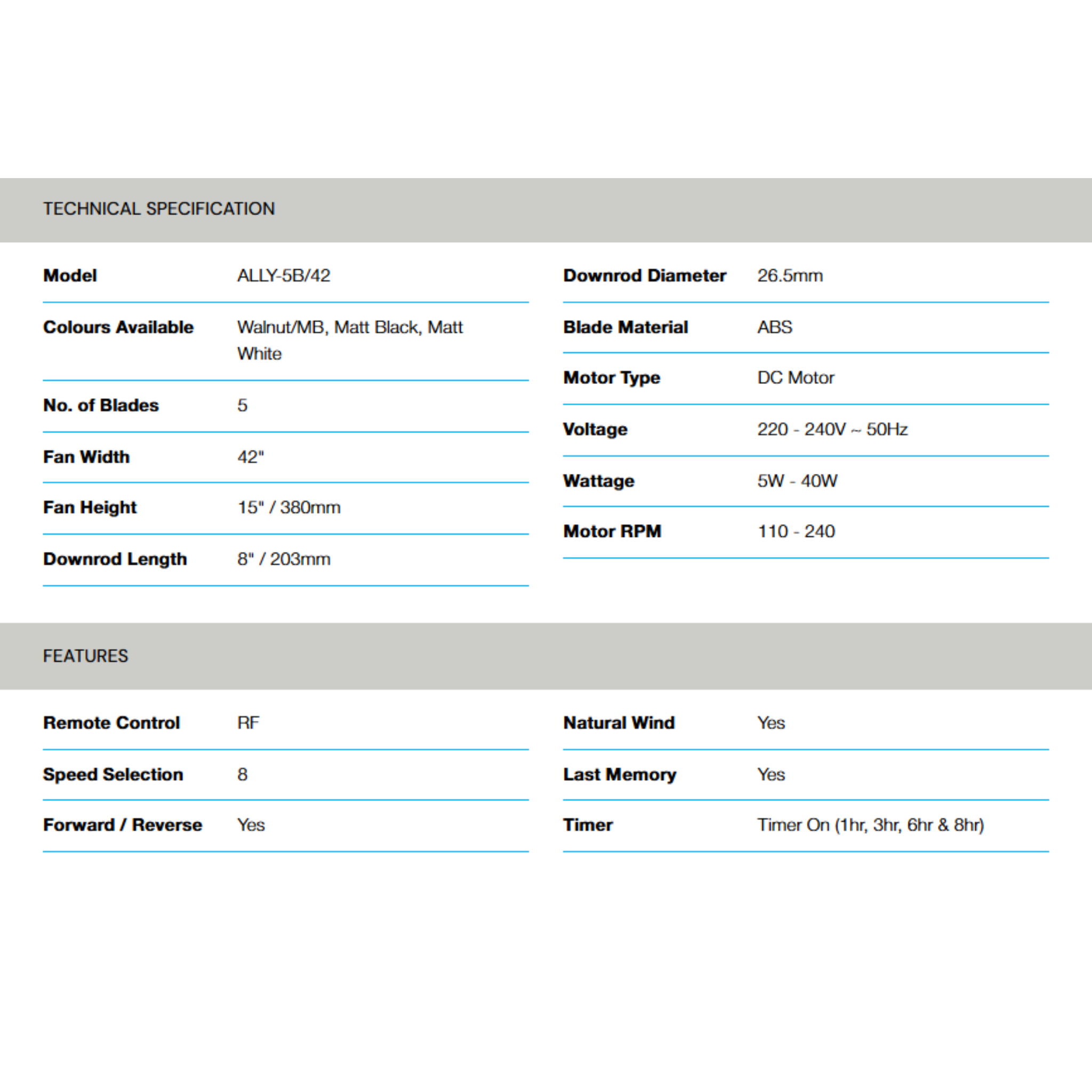 Alpha 42" Ally 5-Blade Ceiling Fan (ALLY-5B/42)