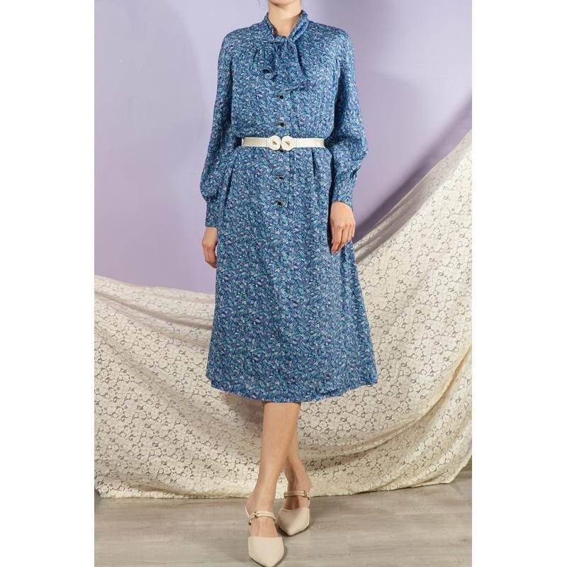 Vintage Japanese Trio-Colour Floral Pattern Tie Collar Day Dress (MT1608-129)
