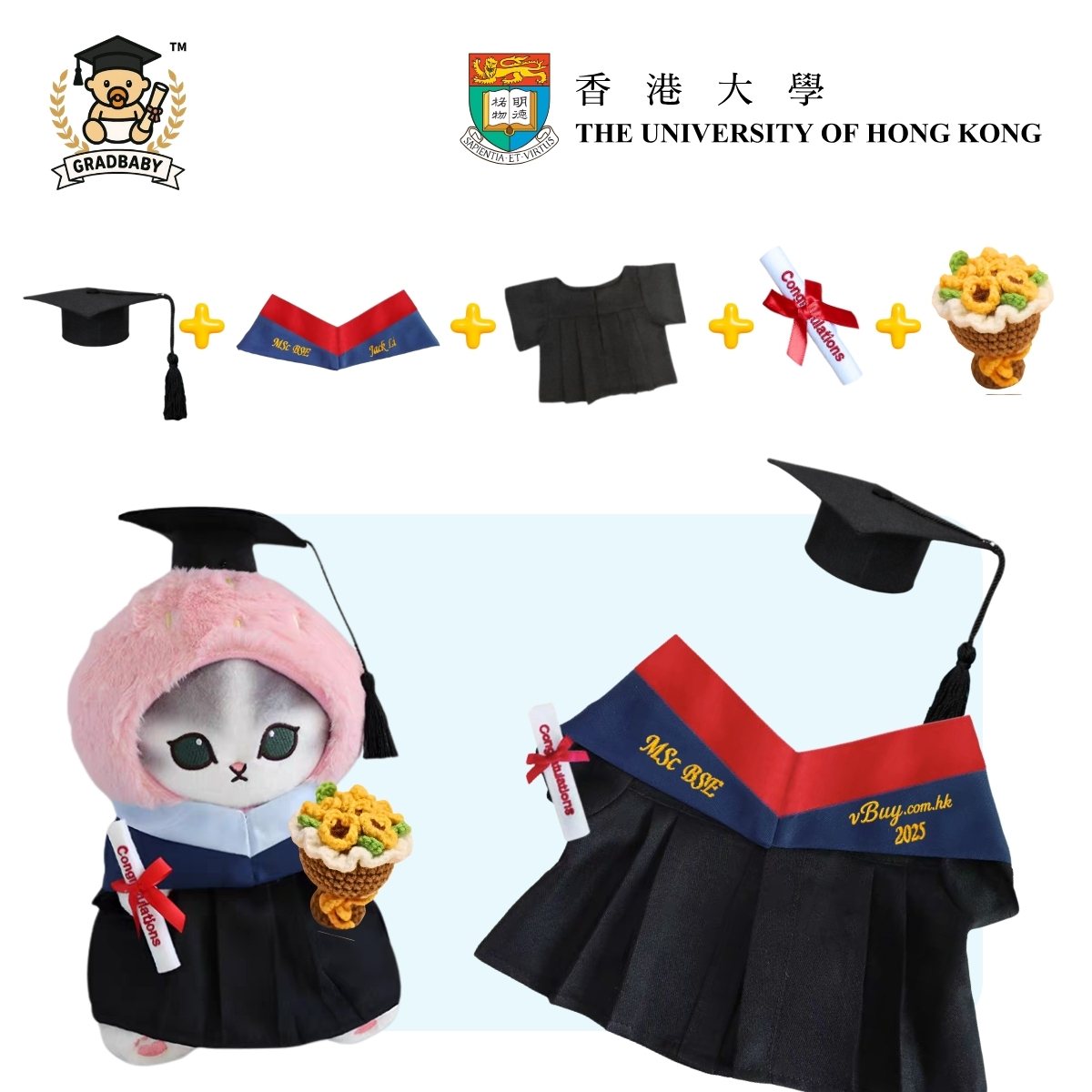 HKU香港大學 李嘉誠醫學院 Medicine (MBBS) 公仔畢業袍 - 可綉名/校名/年份/校章 (紅色邊藍色布領) 公仔畢業袍