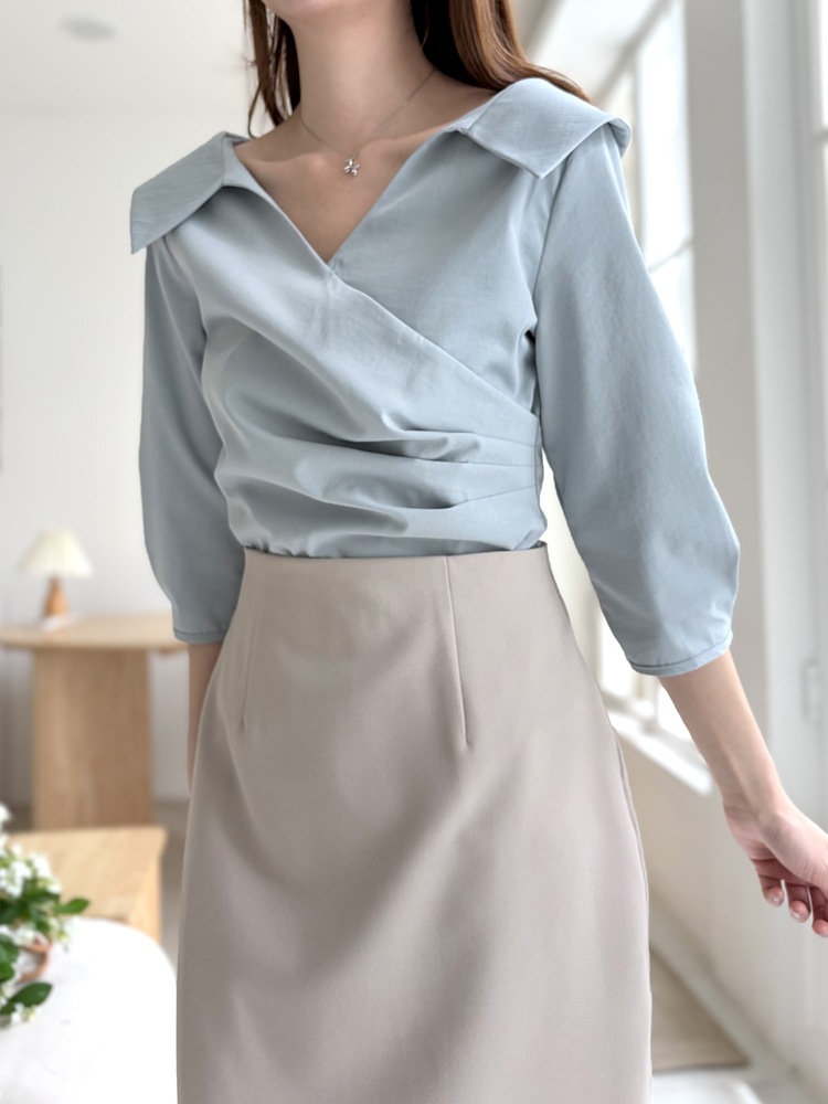 Camelia Wrap Collar Blouse (Blue)