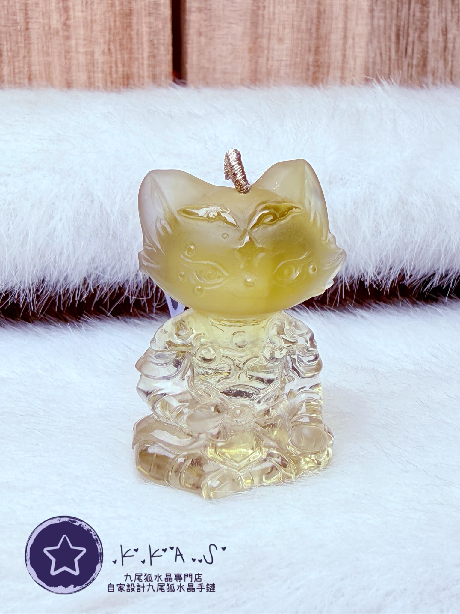 K00589 黃水晶 立體將軍狐 - 吊墜/手牌兩用款