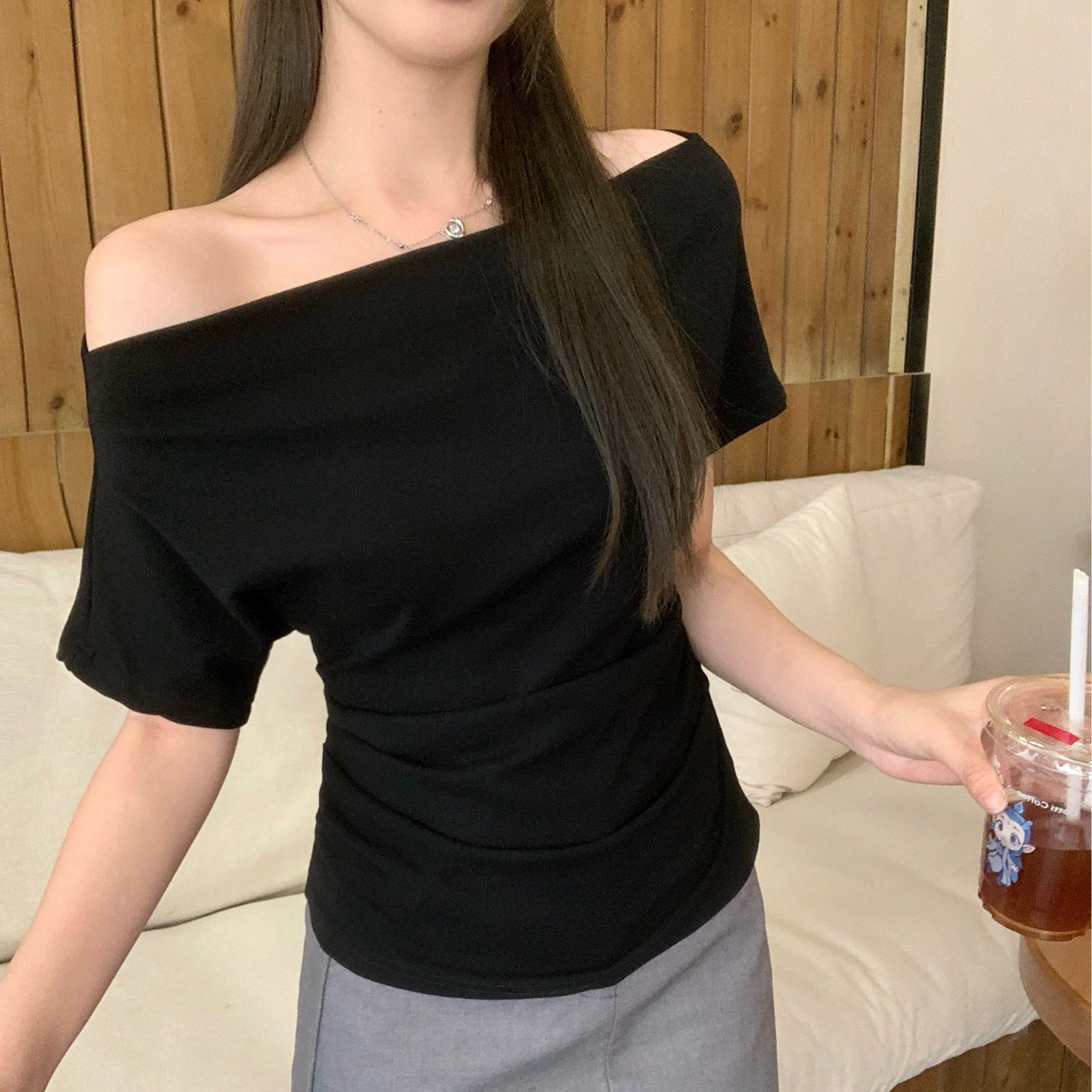 B222(5073) 韩版纯欲风一字肩斜领腰褶皱纯色或条纹4色上衣