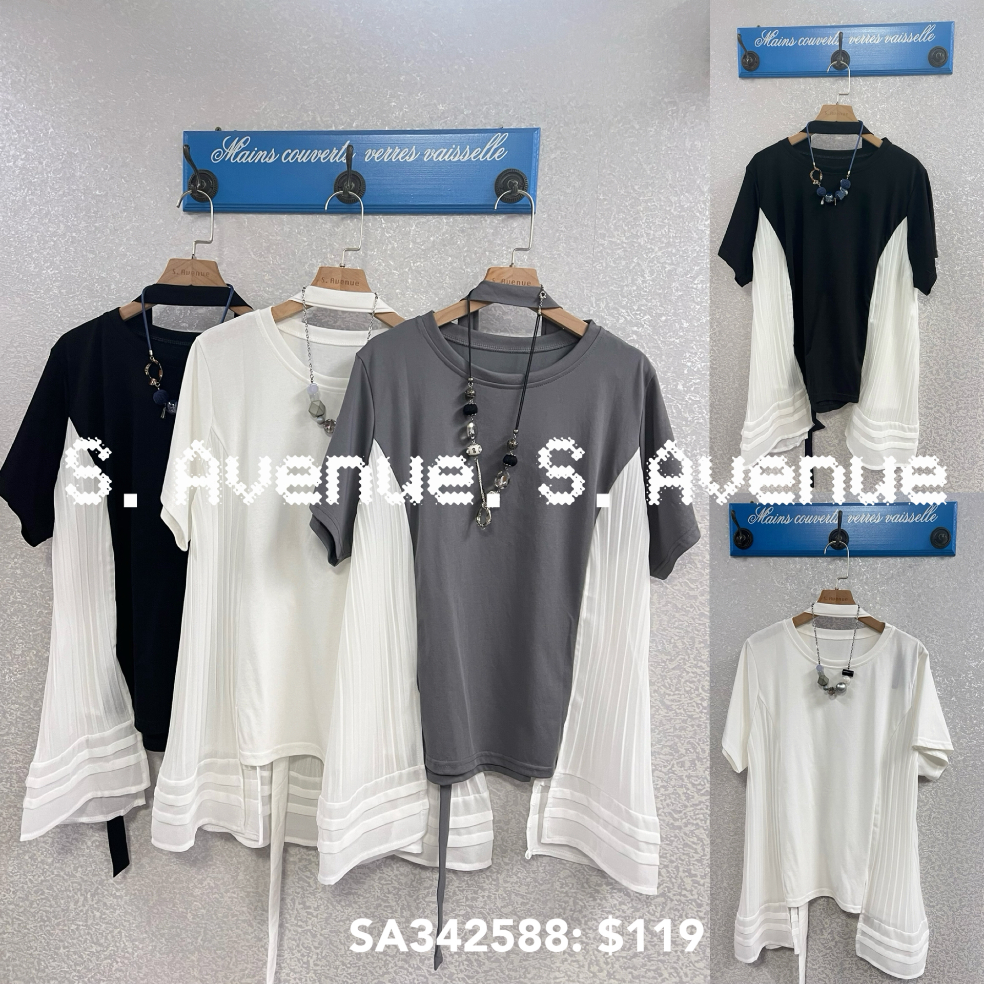 SA342588: 短袖側拼白色壓撍雪紡A字tee