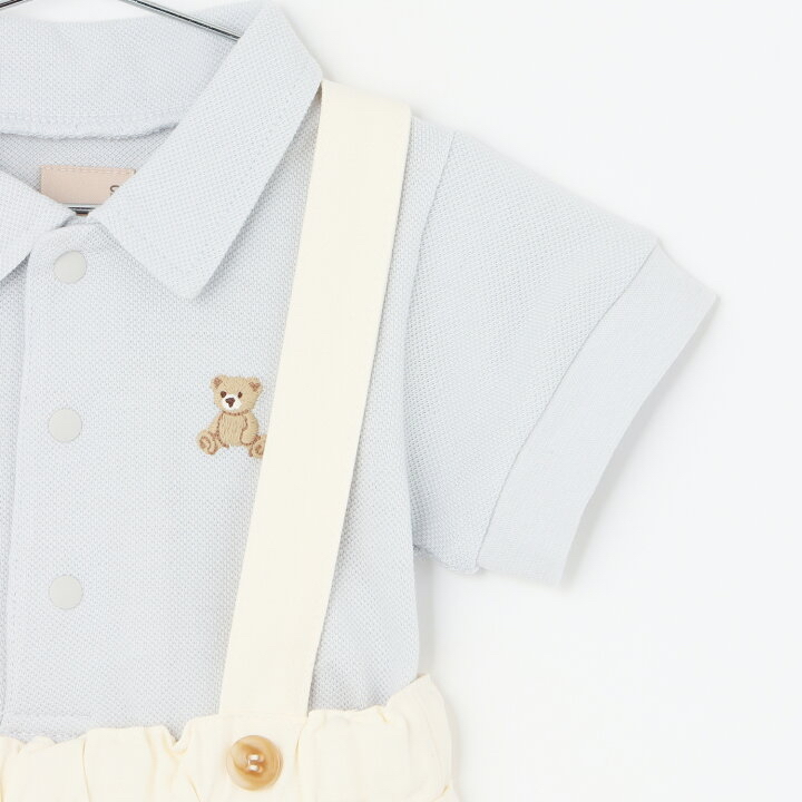 🇯🇵預訂 日本直送🇯🇵Petit Main兩色小熊刺繡翻領短袖包屁衣吊帶褲套裝