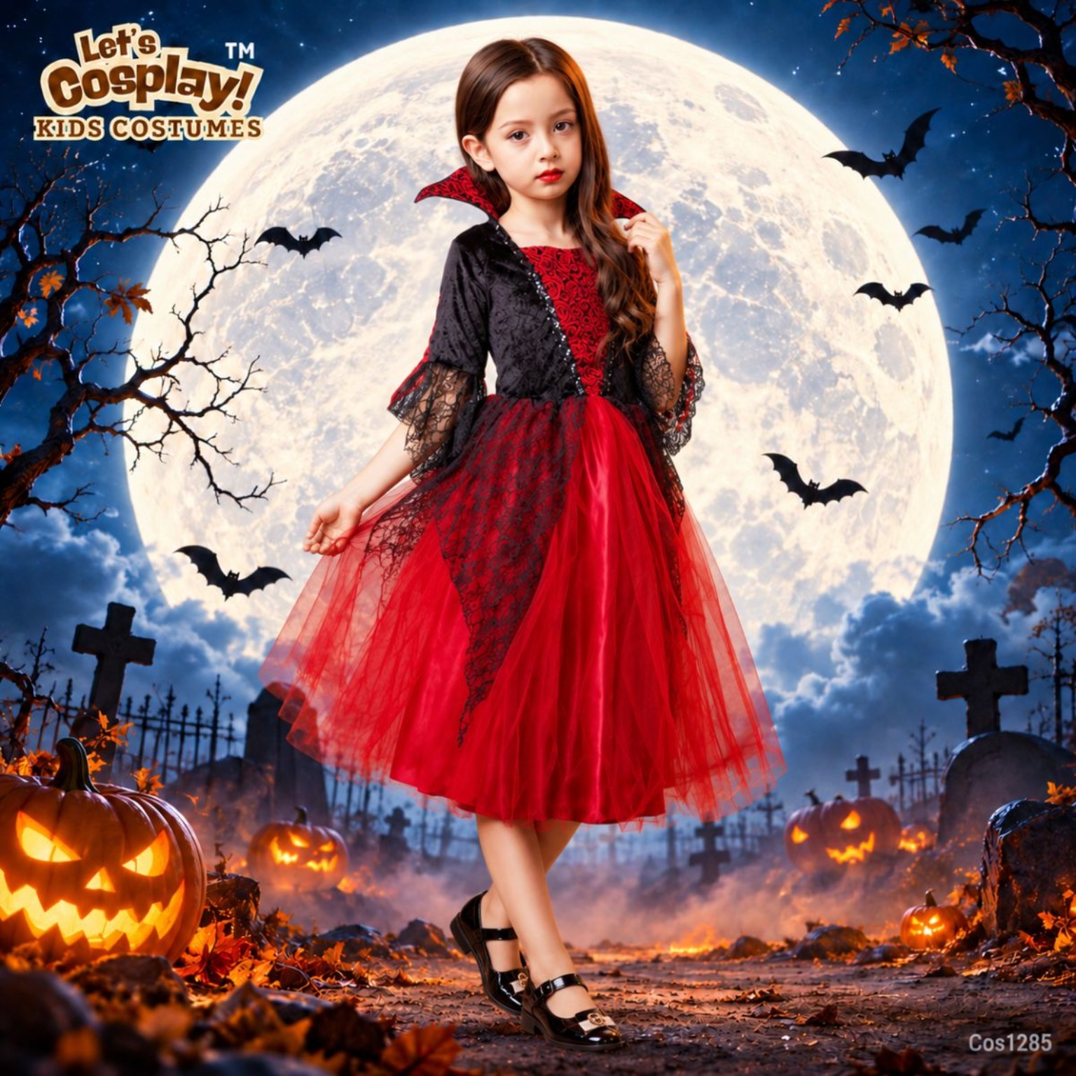 女童吸血鬼萬聖節服裝 Kids Vampire Costume 紅黑角色扮演 Lets Cosplay COS1285