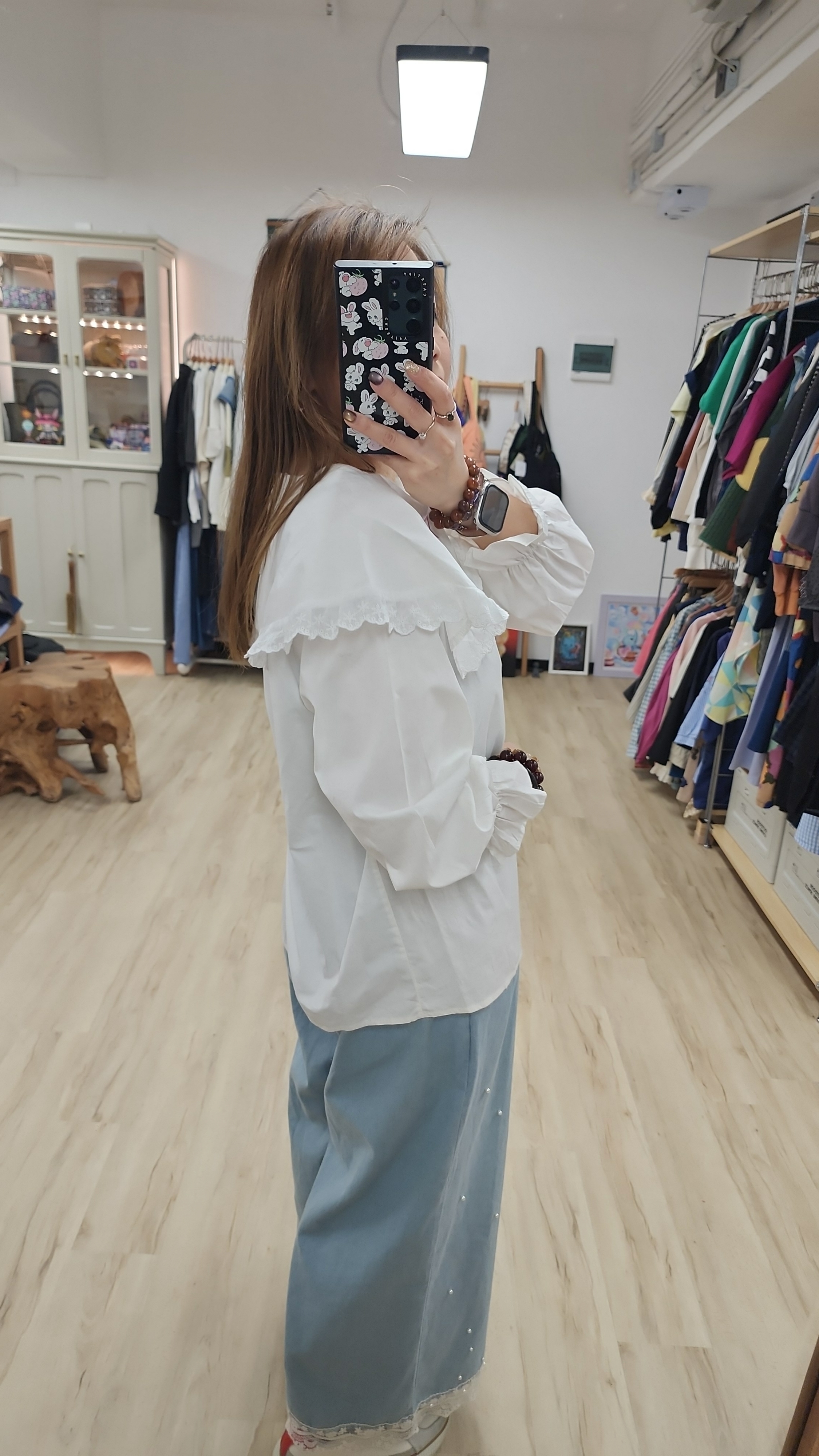 韓國白拼刺繡圖案娃娃領開胸裇