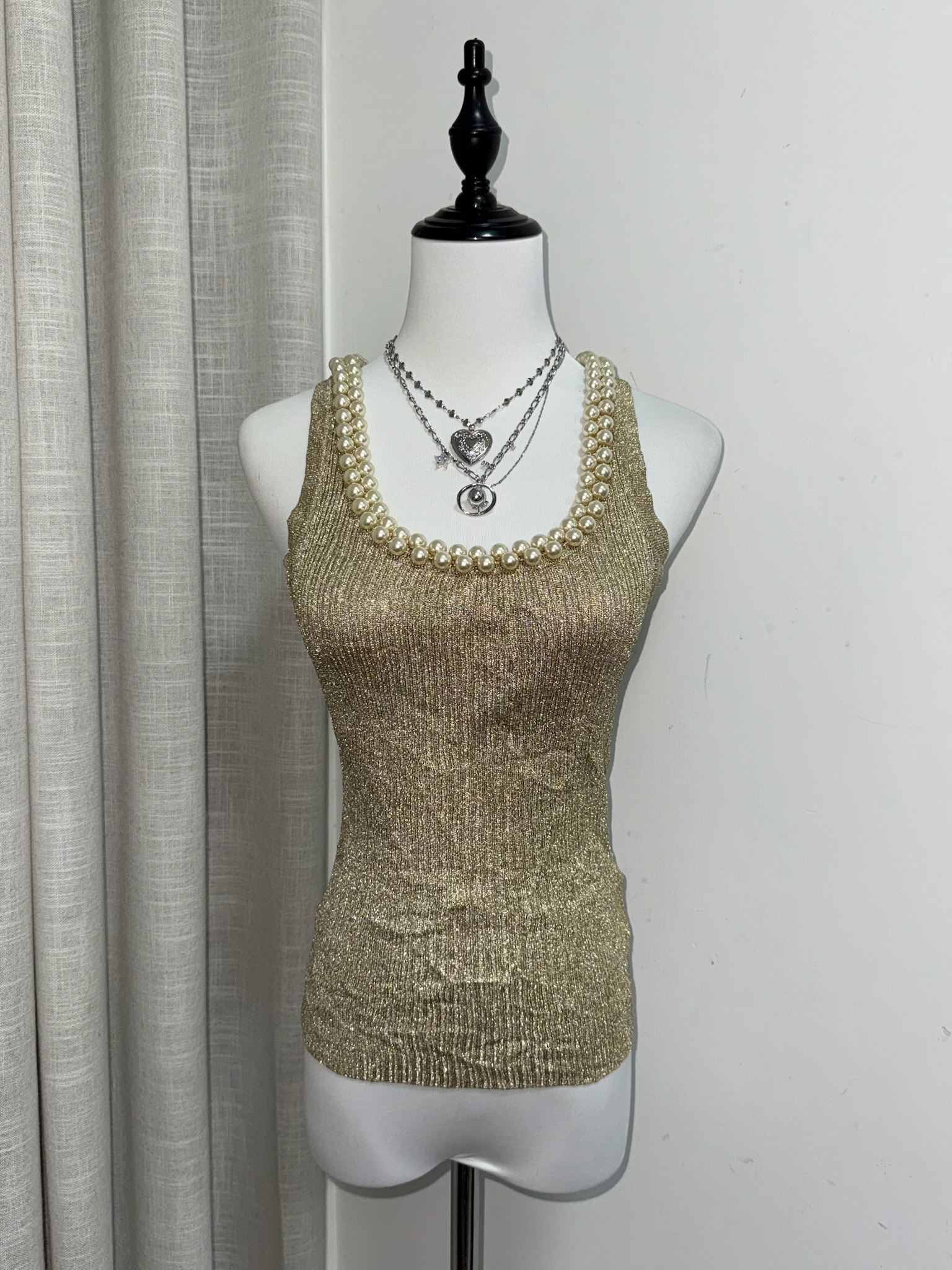 Vintage Gold Metallic Ribbed Sleeveless Top with Faux Pearl Neckline