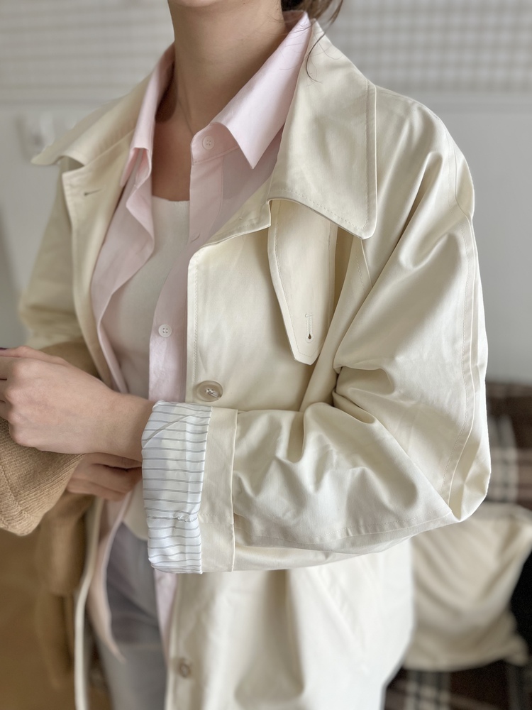 Stripe-Lined Relaxed Trench Coat (Cream)