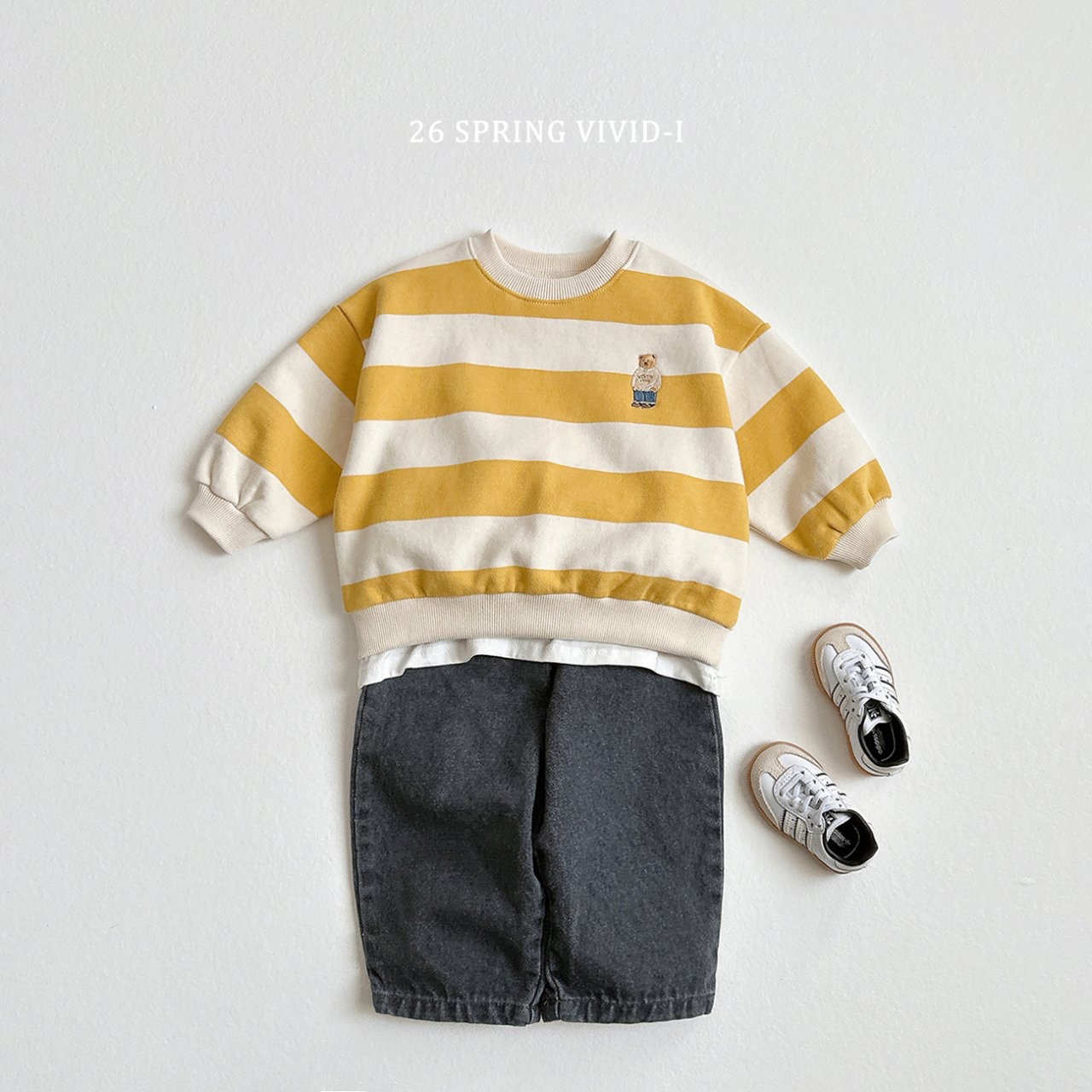 🌸預訂 韓國直送🌸🇰🇷VIVIDI四色標誌性小熊刺繡拼色條紋毛圈寬鬆衛衣
