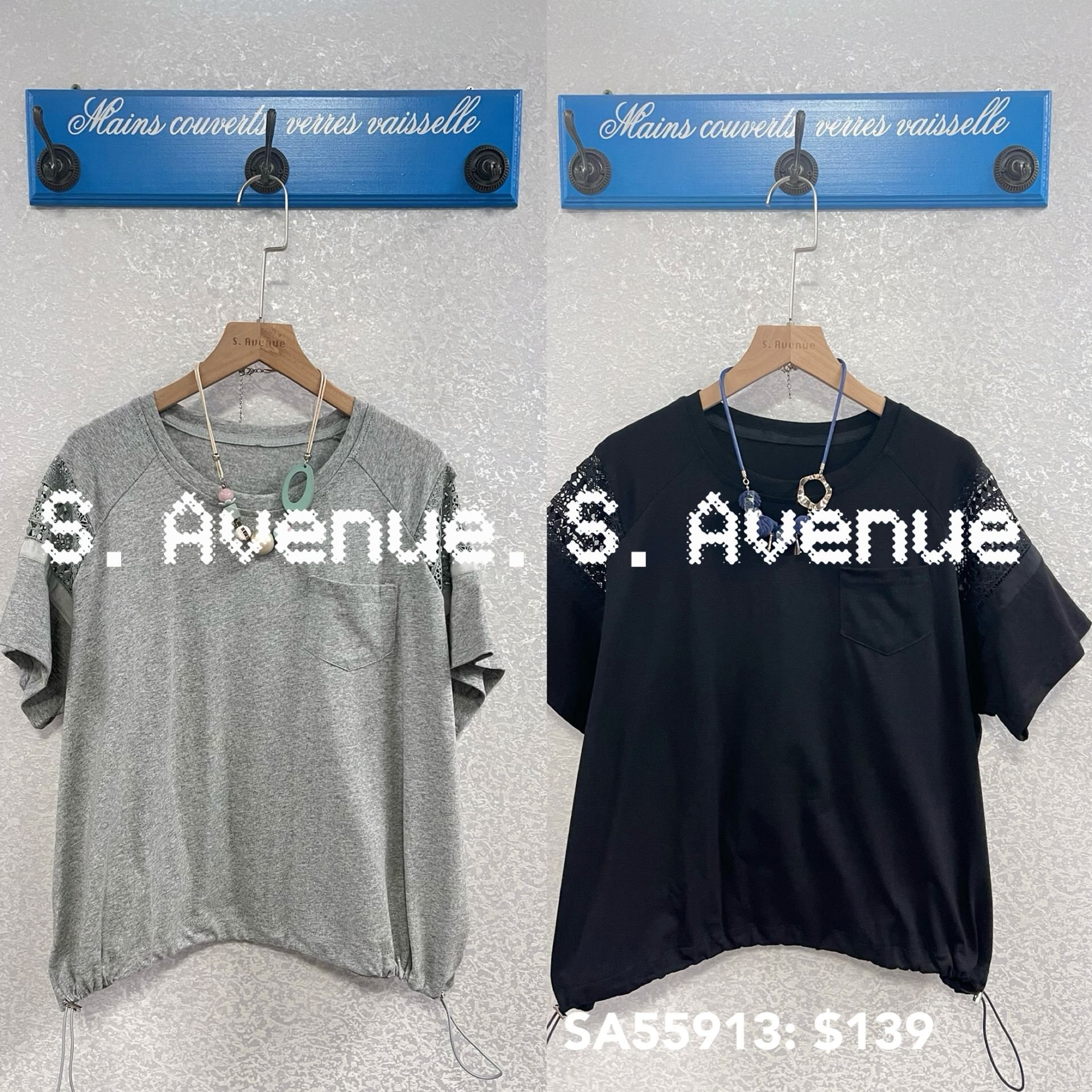 SA55913: 短袖袖勾花單袋束腳tee