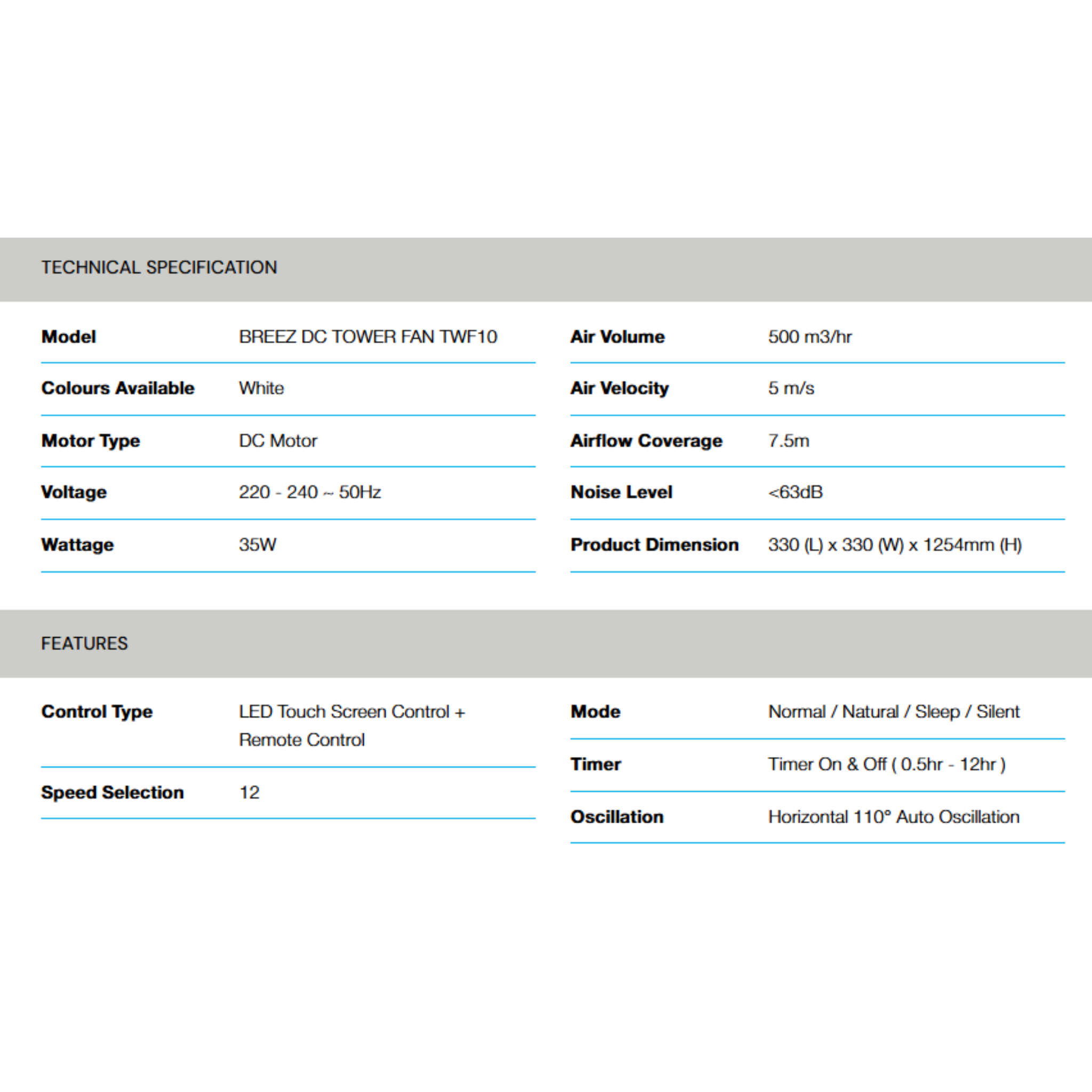 Alpha Breez DC Motor Tower Fan (Breez TWF10-DC)