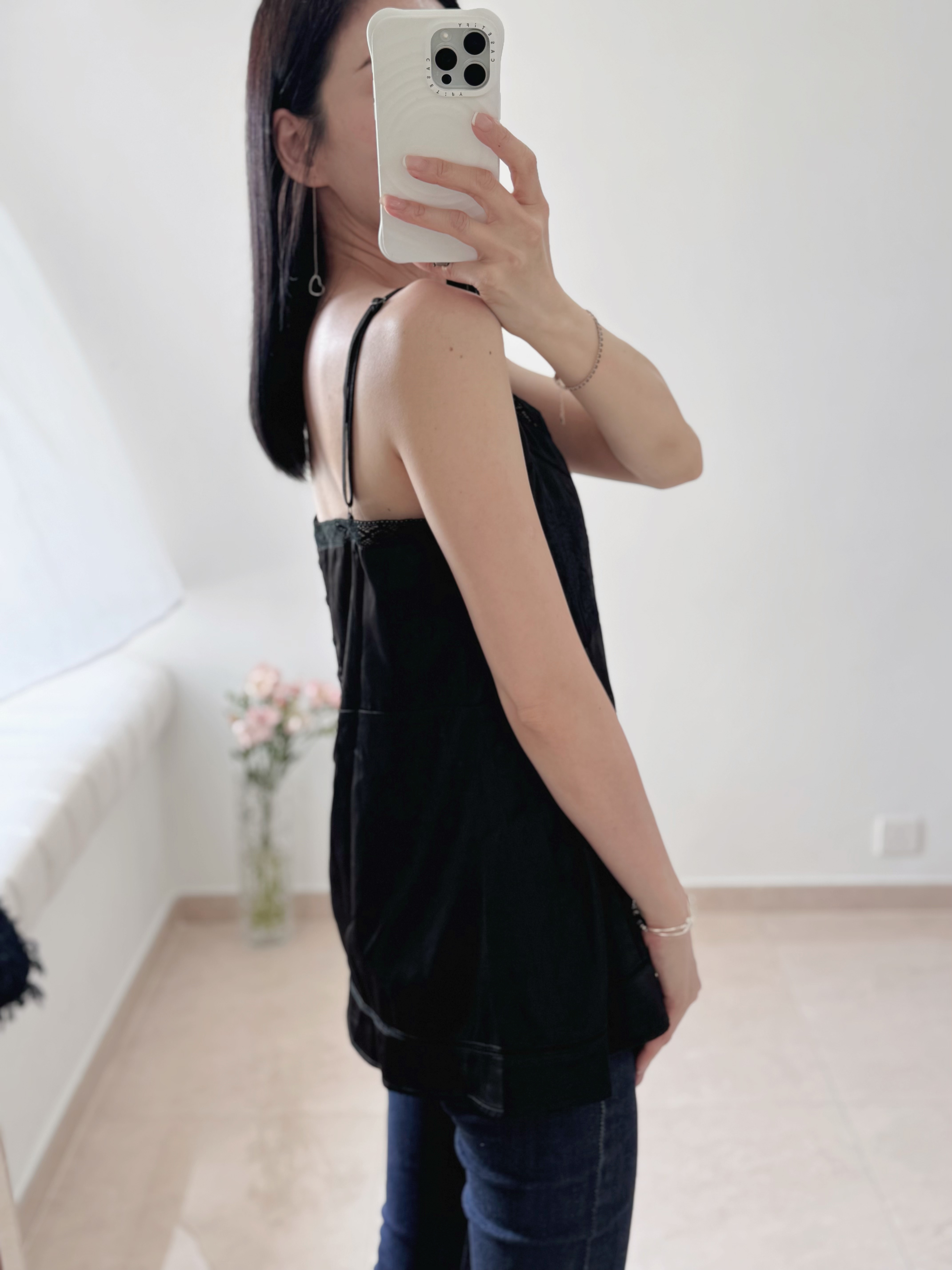 Elegant embroidered longline cami top (black)