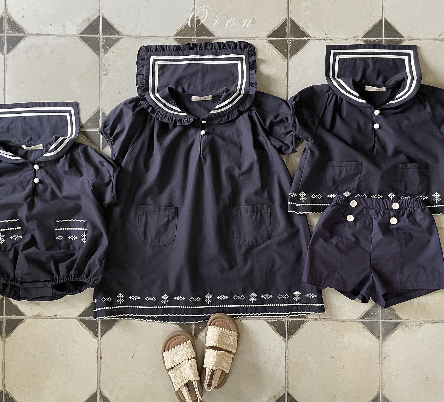 ☀️預訂 韓國直送☀️🇰🇷Oren Marinette兩色海洋風水手領刺繡短袖包屁衣/連身裙/上下套裝