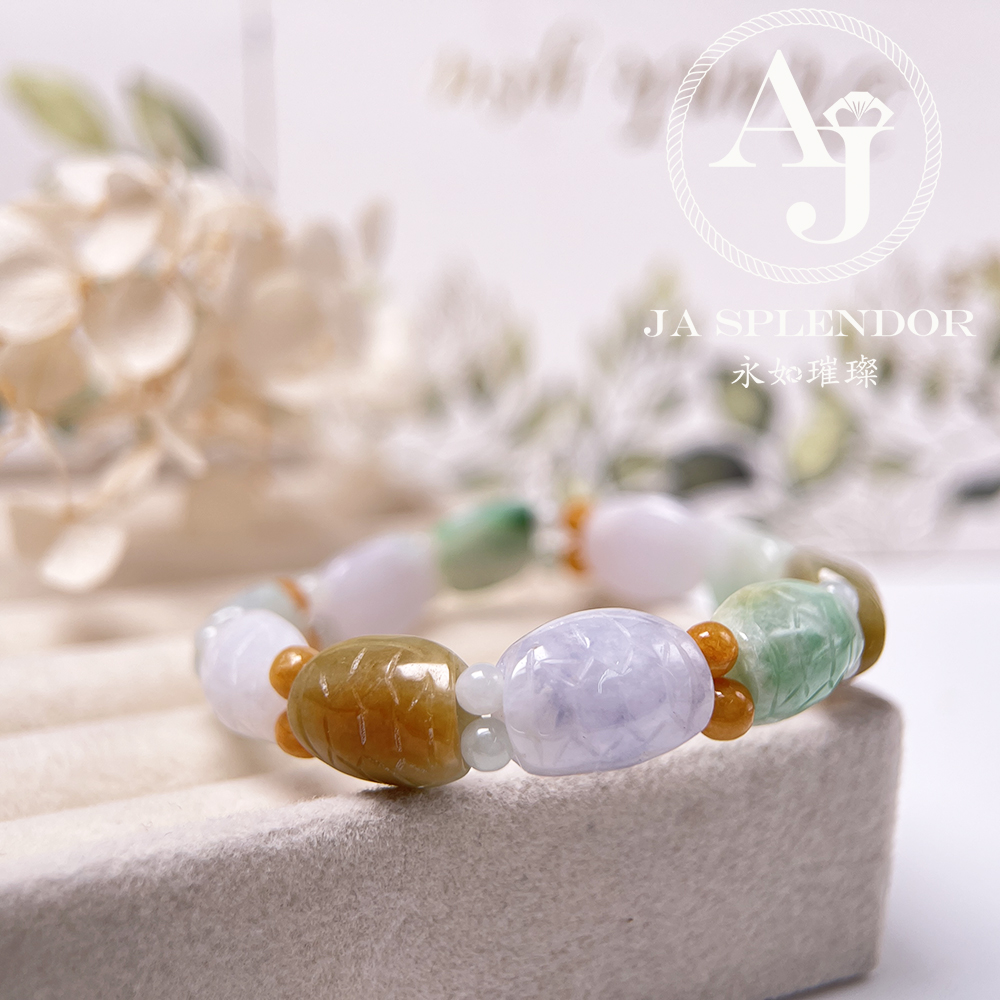 OF-06-I 天然翡翠A玉 - 冰潤三彩長壽吉祥龜貝手串(特價處理不設退換)