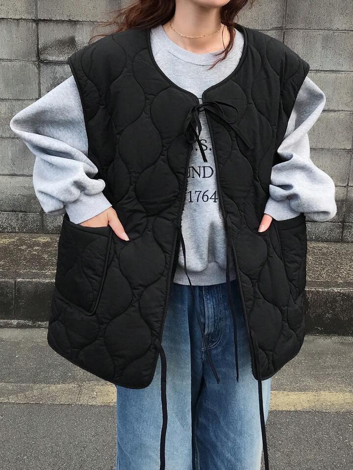 菱格紋綁帶背心外套