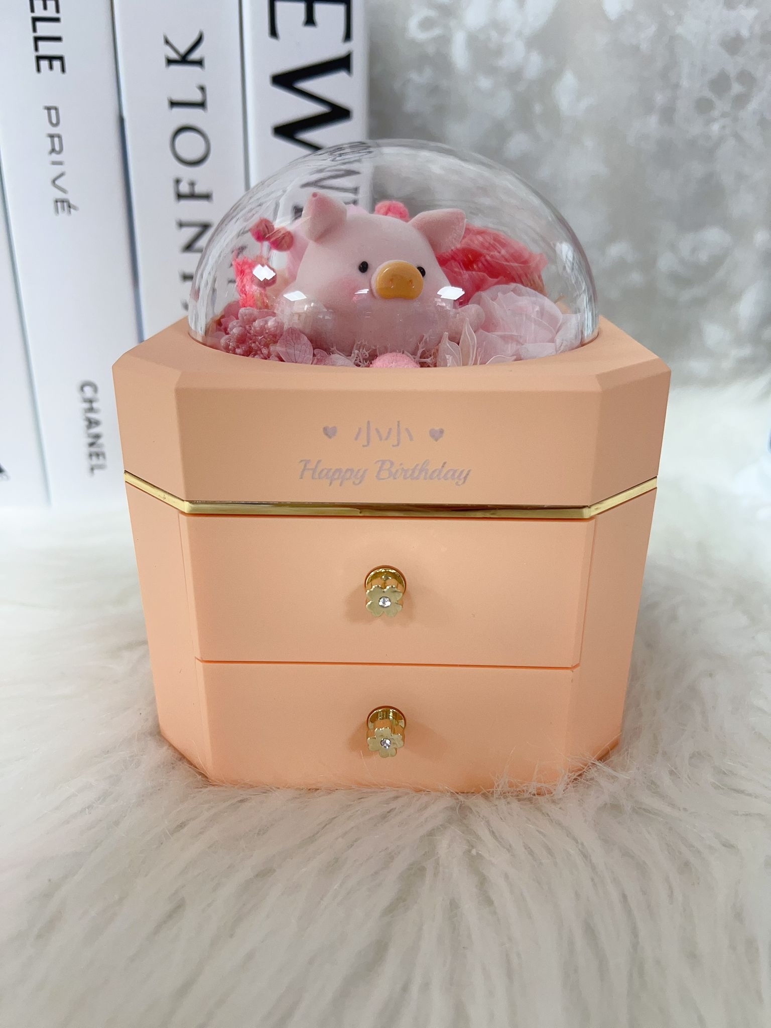 Lulu豬粉紅玫瑰永生花粉紅飾物盒