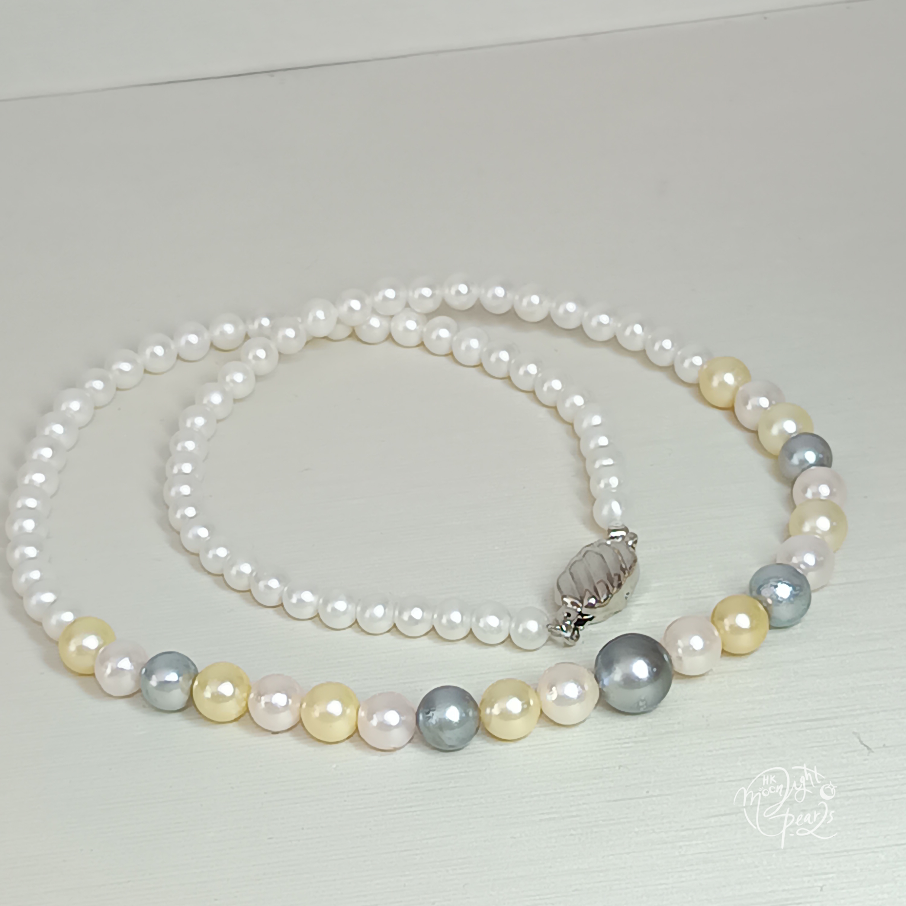近正圓強光淡水Ak白細胞珍珠+日本akoya 糖果色海水珍珠+大溪地珍珠925銀扣項鍊